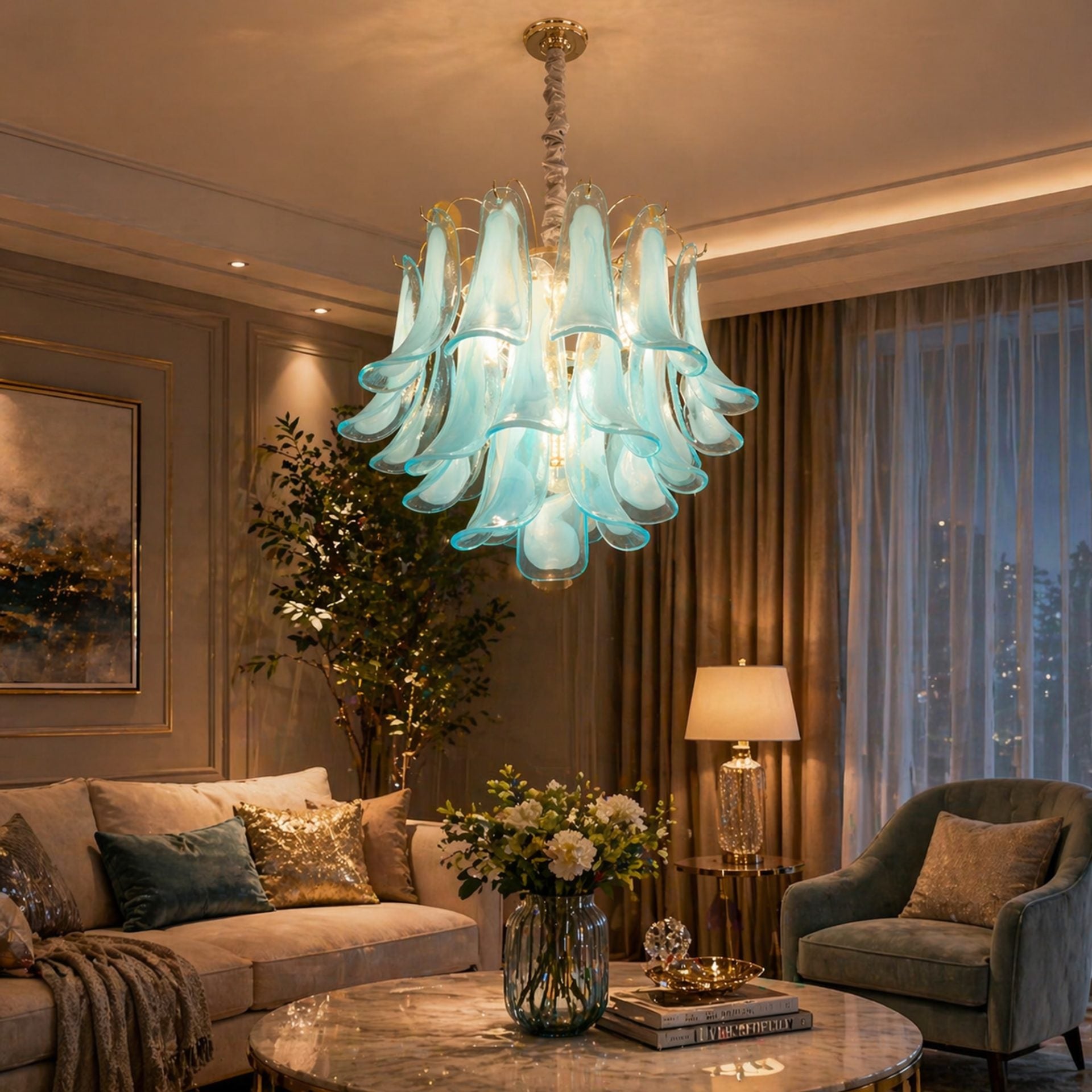 Candelabru Cristal MURANO Magno 7xE14, D60 cm, Albastru, Inaltime Reglabila, Metal si Cristal
