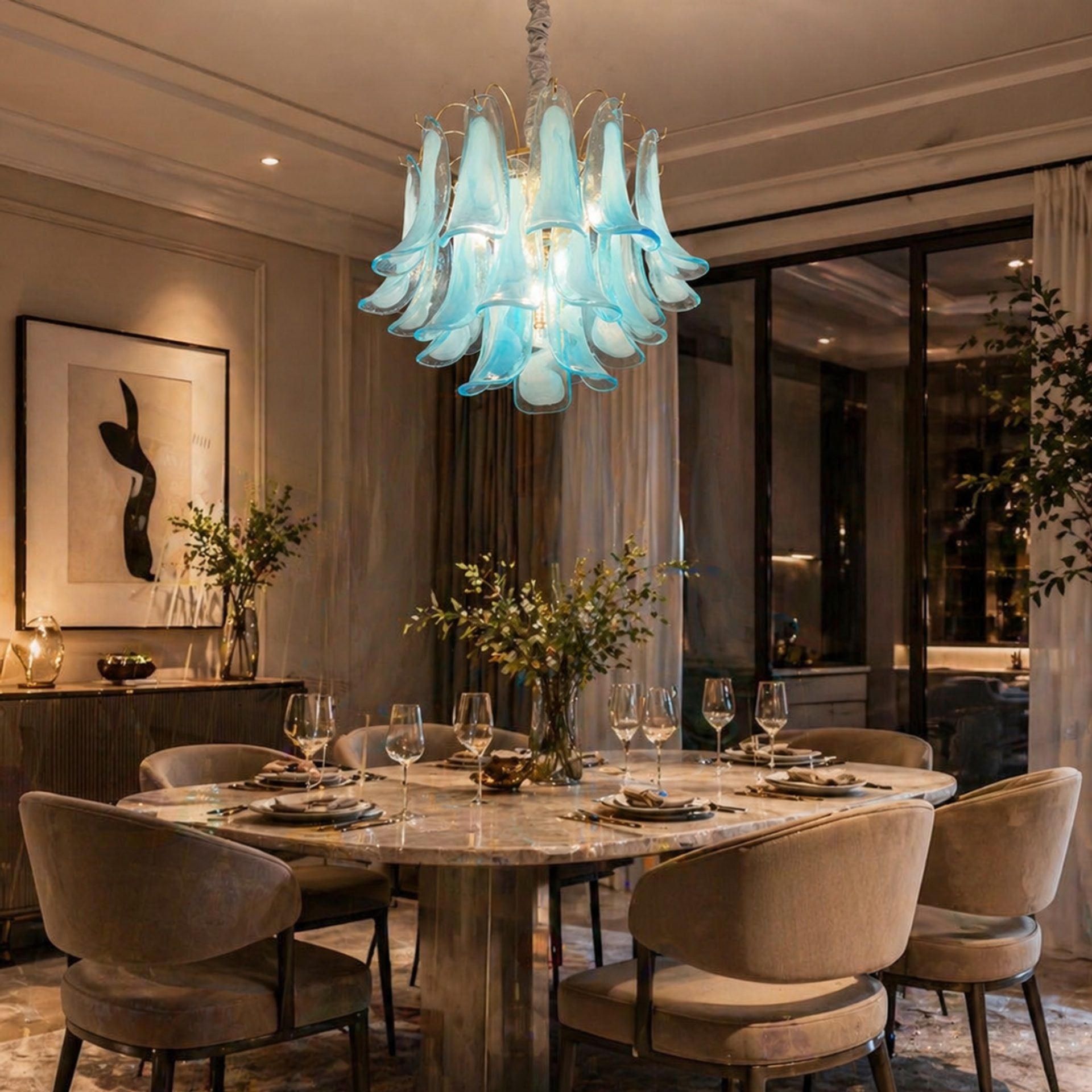 Candelabru Cristal MURANO Magno 7xE14, D60 cm, Albastru, Inaltime Reglabila, Metal si Cristal
