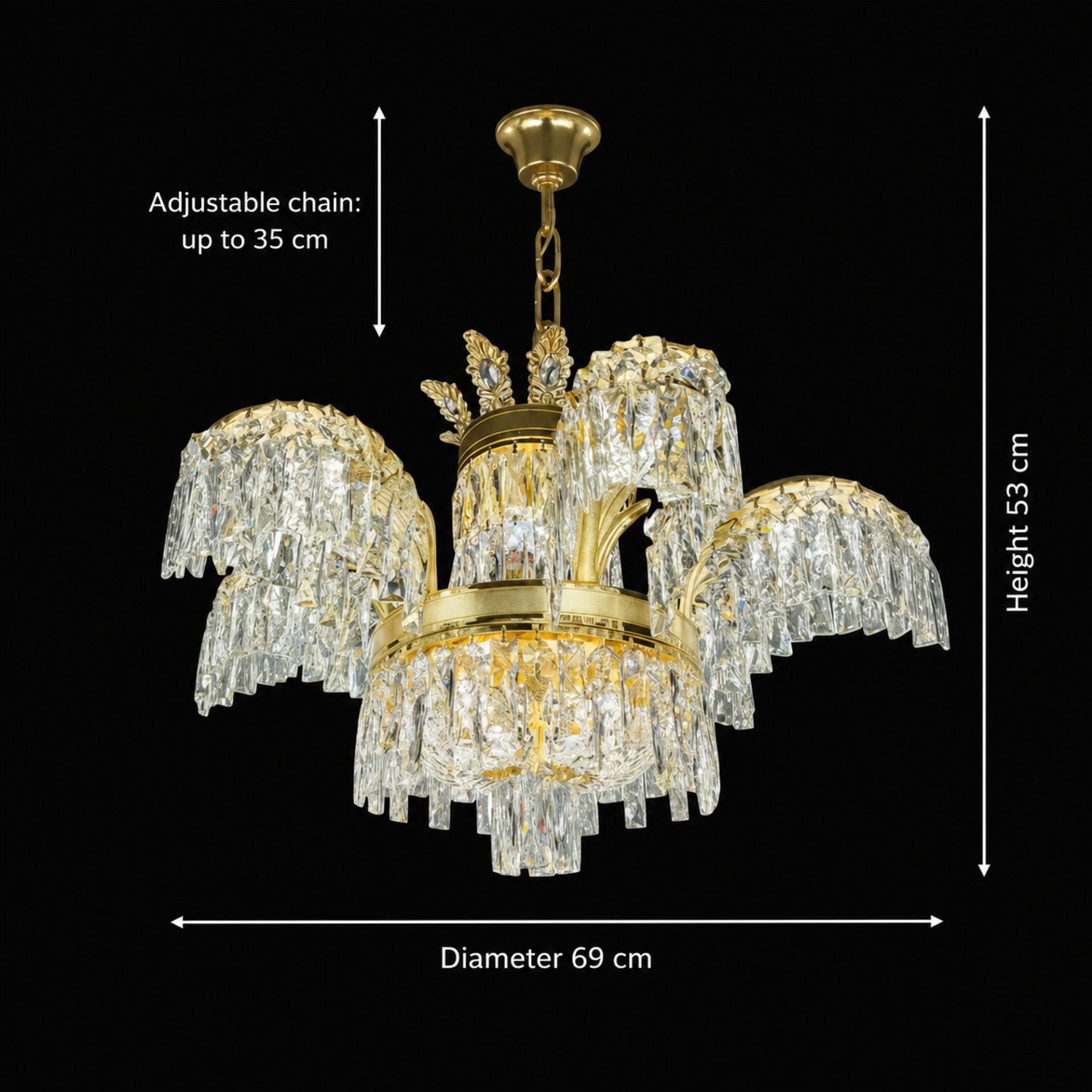 Candelabru Cristal PALACE, 6 brate, 12xG9, D69cm, Auriu Lucios, Inaltime Reglabila, Metal si Cristal