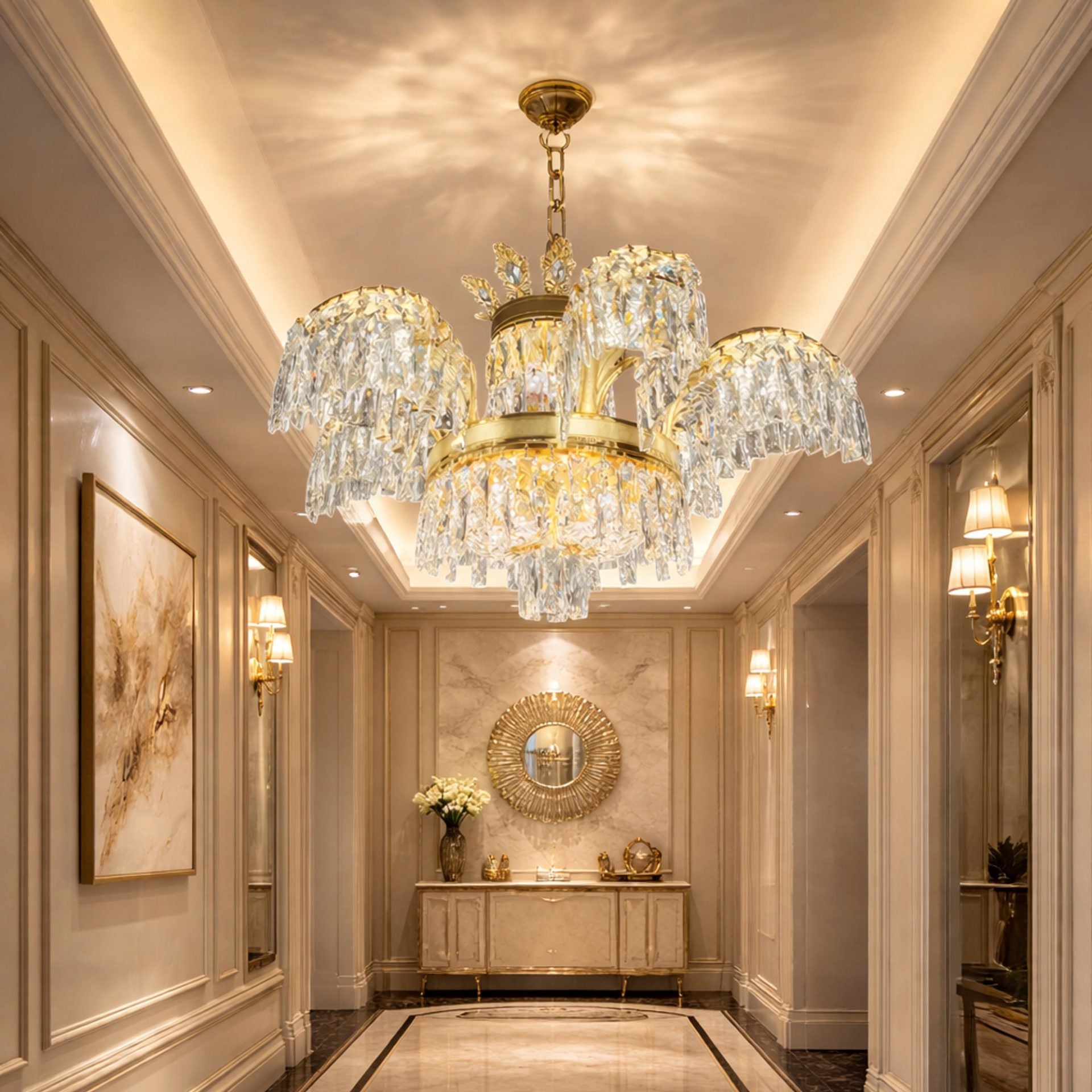 Candelabru Cristal PALACE, 6 brate, 12xG9, D69cm, Auriu Lucios, Inaltime Reglabila, Metal si Cristal
