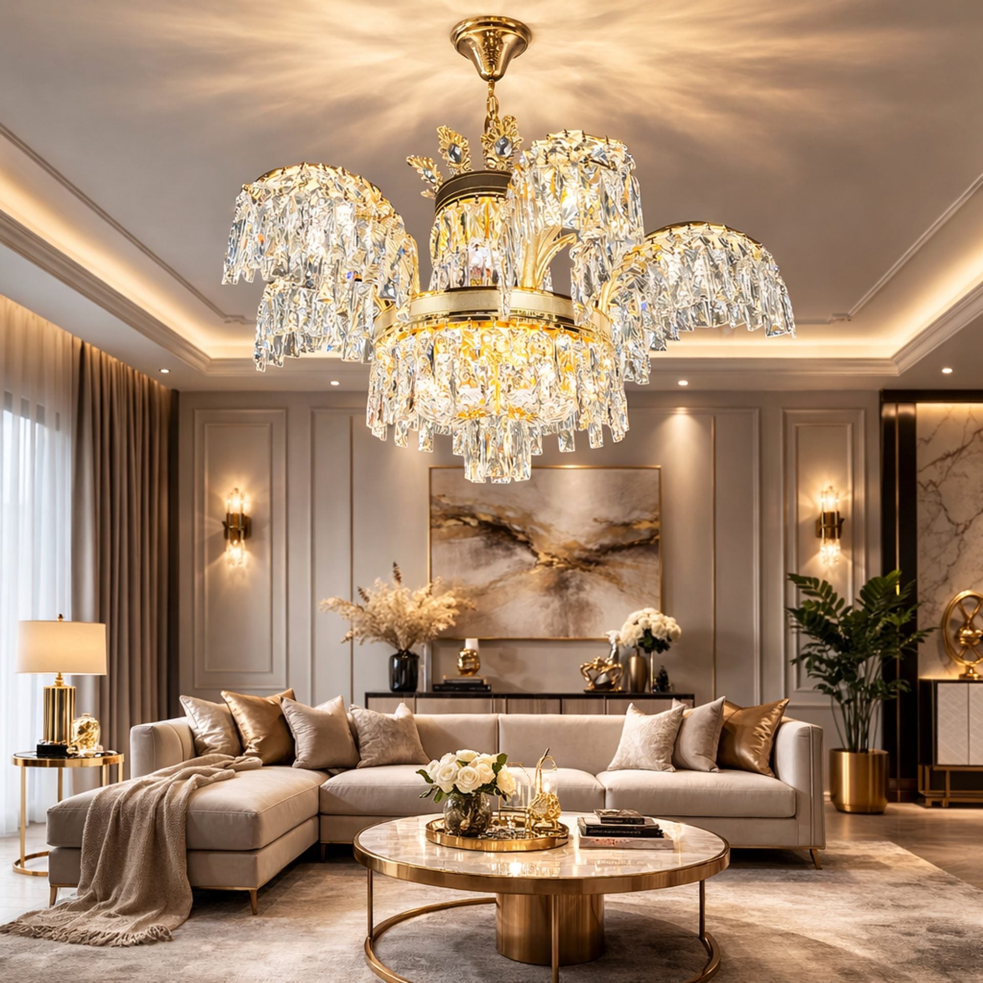 Candelabru Cristal PALACE, 6 brate, 12xG9, D69cm, Auriu Lucios, Inaltime Reglabila, Metal si Cristal
