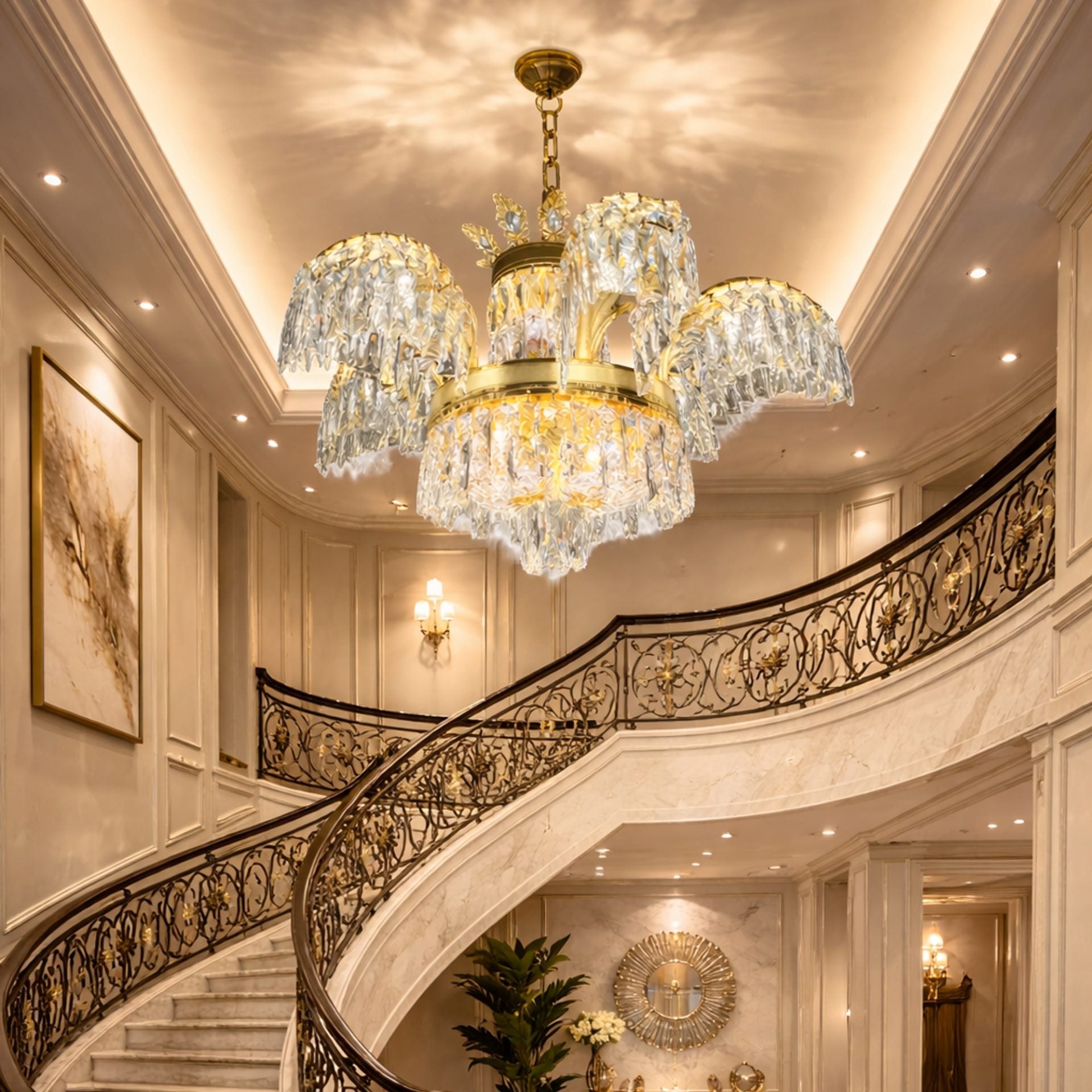Candelabru Cristal PALACE, 6 brate, 12xG9, D69cm, Auriu Lucios, Inaltime Reglabila, Metal si Cristal