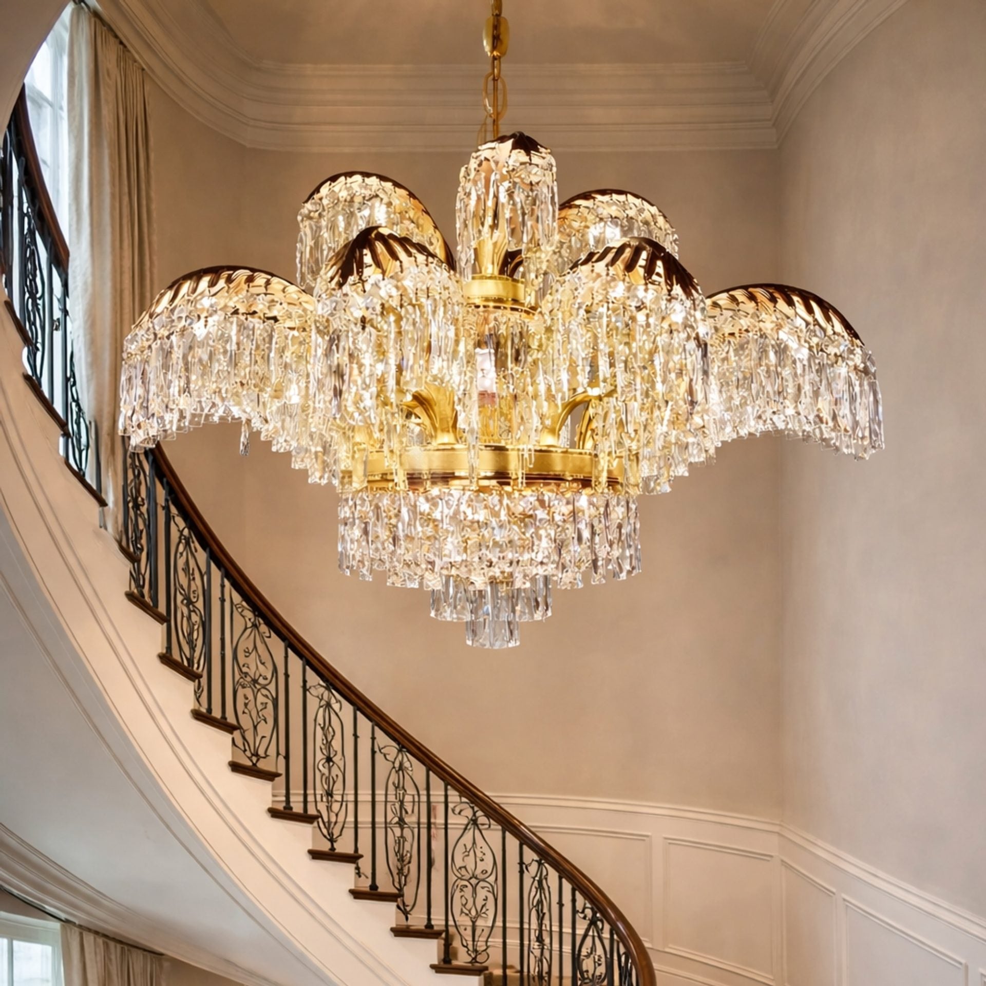 Candelabru Cristal PALACE, 8 brate, D80cm, Auriu Lucios, Inaltime Reglabila, Metal si Cristal