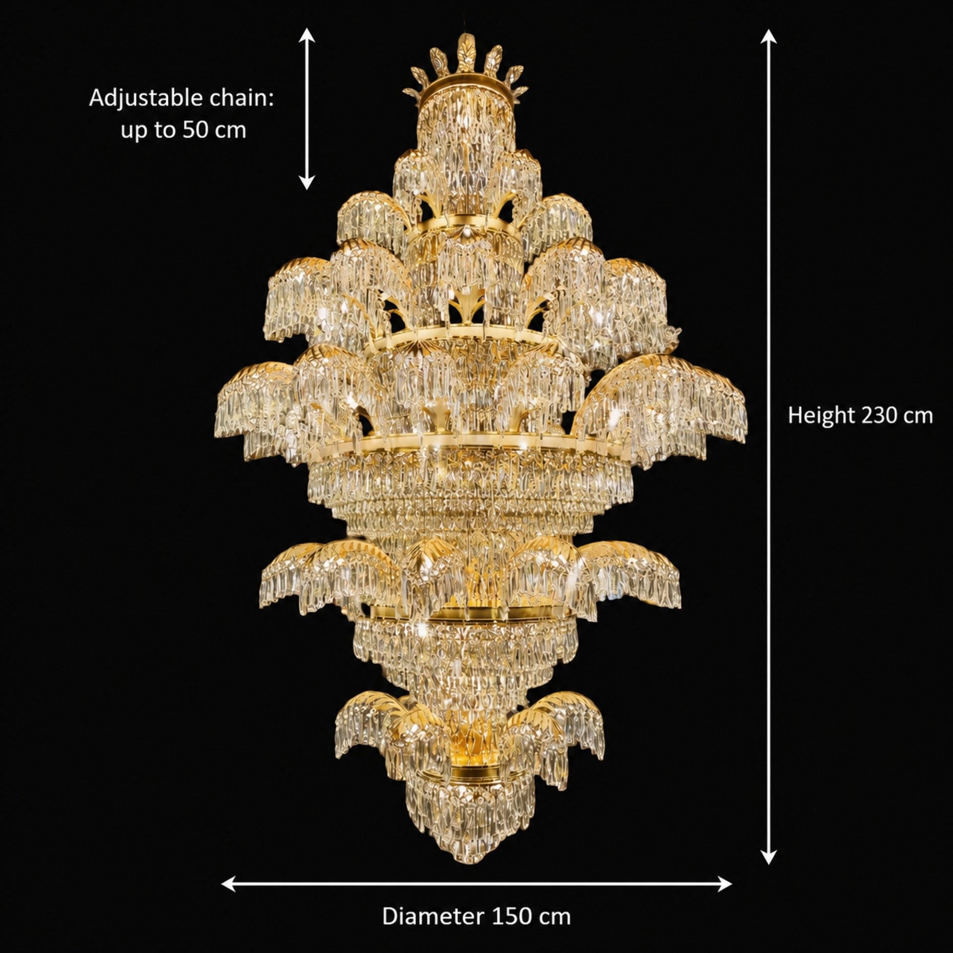 Candelabru Cristal PALACE Grande, 52 de brate, 96xG9, Diametru 150cm, Inaltime 230cm, Auriu Lucios, Inaltime Reglabila, Design Elegant