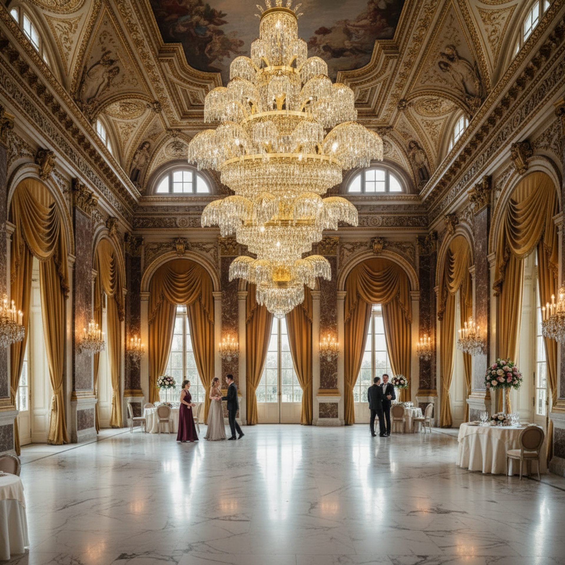 Candelabru Cristal PALACE Grande, 52 de brate, 96xG9, Diametru 150cm, Inaltime 230cm, Auriu Lucios, Inaltime Reglabila, Design Elegant