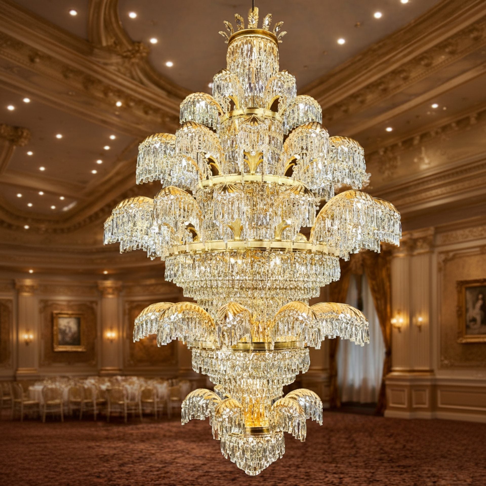 Candelabru Cristal PALACE Grande, 52 de brate, 96xG9, Diametru 150cm, Inaltime 230cm, Auriu Lucios, Inaltime Reglabila, Design Elegant