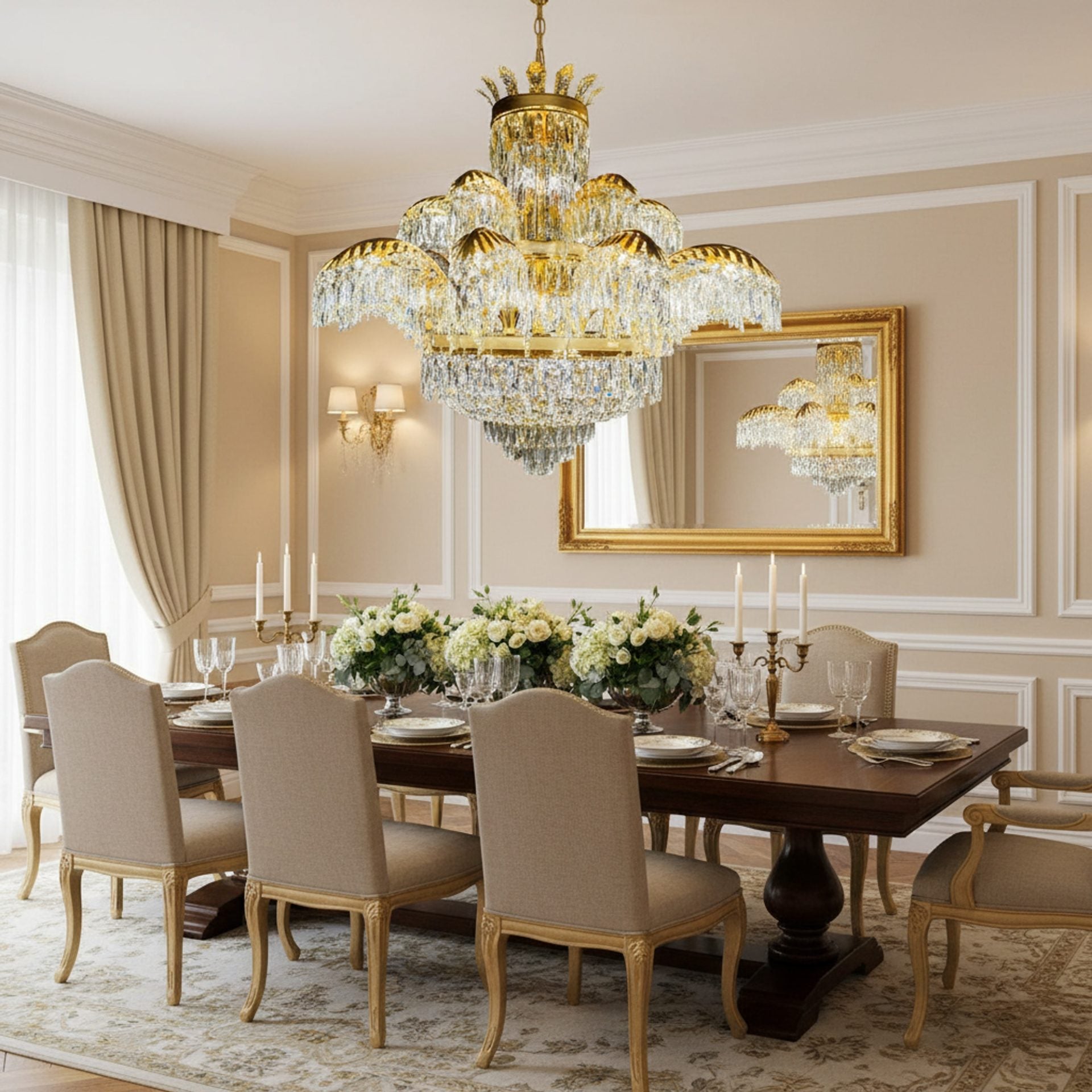 Candelabru Cristal PALACE Supremo 29xG9, D115cm, Auriu Lucios, Inaltime Reglabila, Metal si Cristal