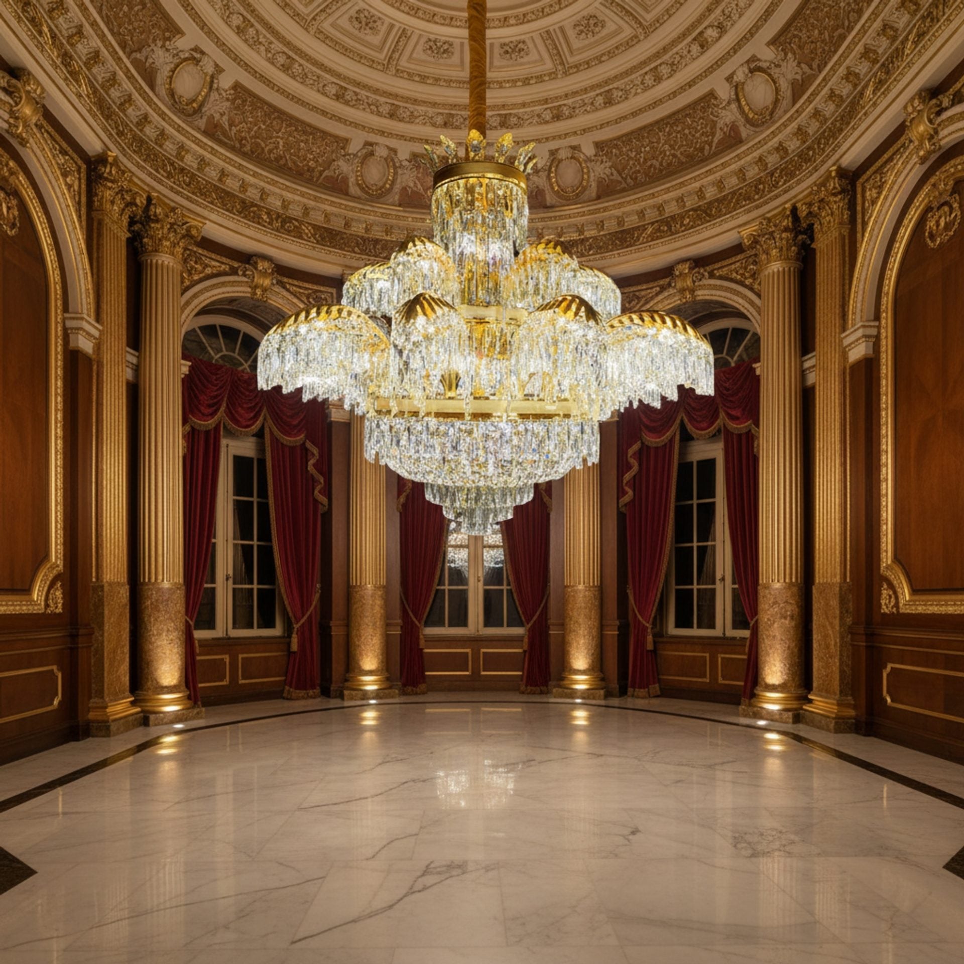 Candelabru Cristal PALACE Supremo 29xG9, D115cm, Auriu Lucios, Inaltime Reglabila, Metal si Cristal