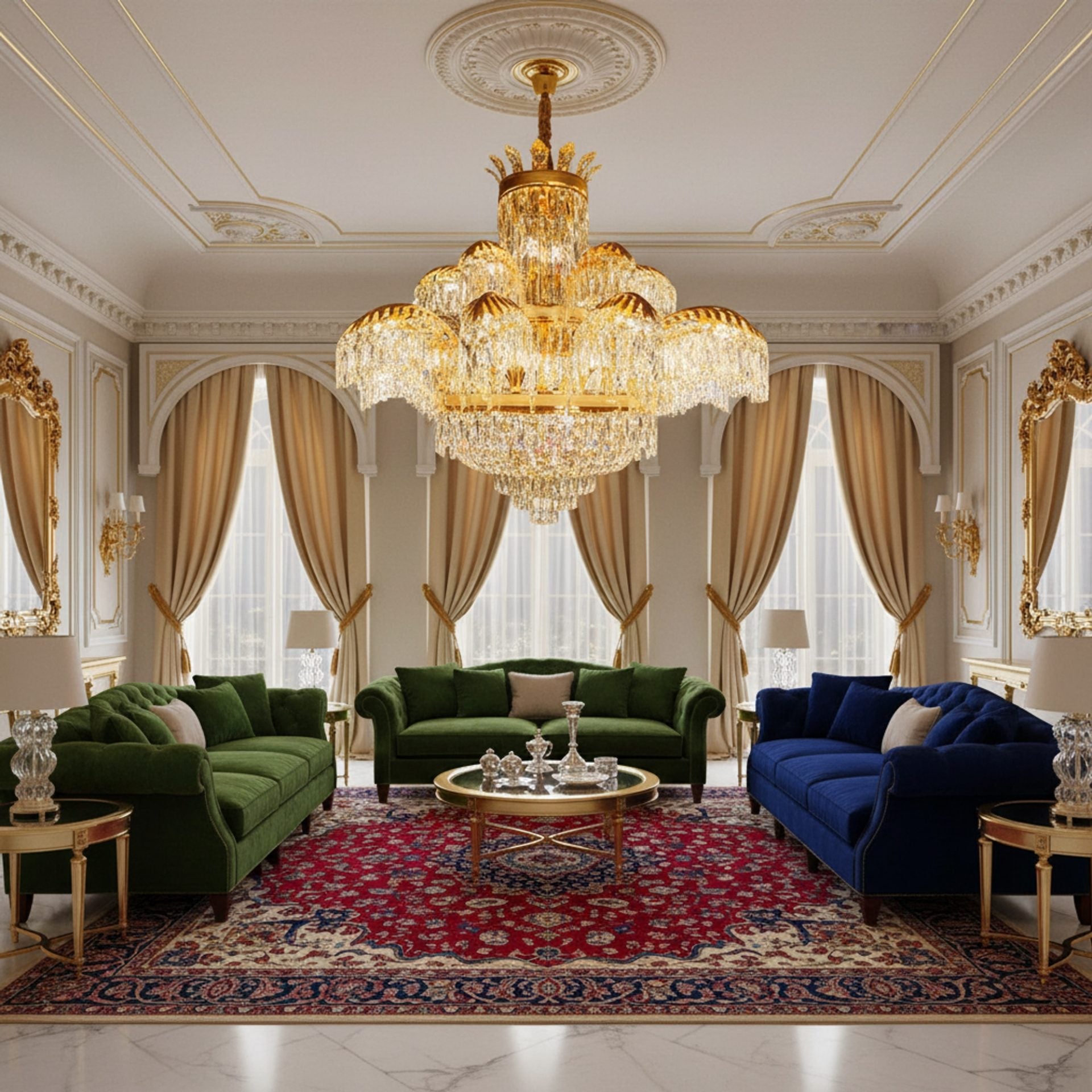 Candelabru Cristal PALACE Supremo 29xG9, D115cm, Auriu Lucios, Inaltime Reglabila, Metal si Cristal