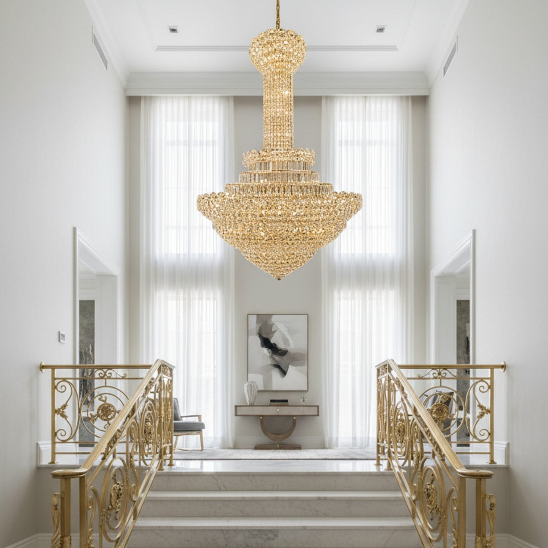 Candelabru Cristal PALAIS Grande 65xE14, Diametru 150cm, Inaltime 240cm, Auriu Lucios, Inaltime Reglabila, Design Elegant