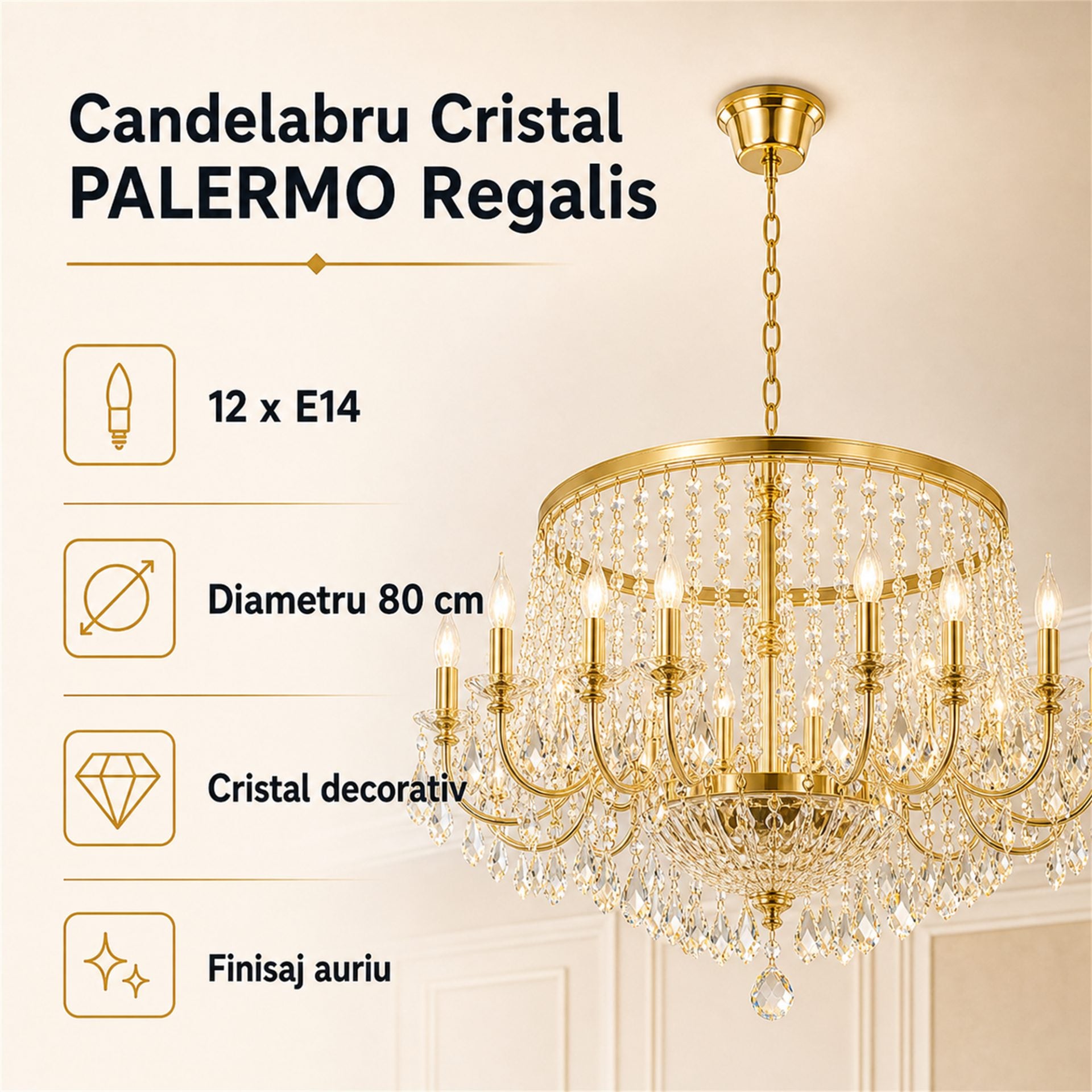 Candelabru Cristal PALERMO Regalis, 12x E14, Diametru 80cm, Auriu
