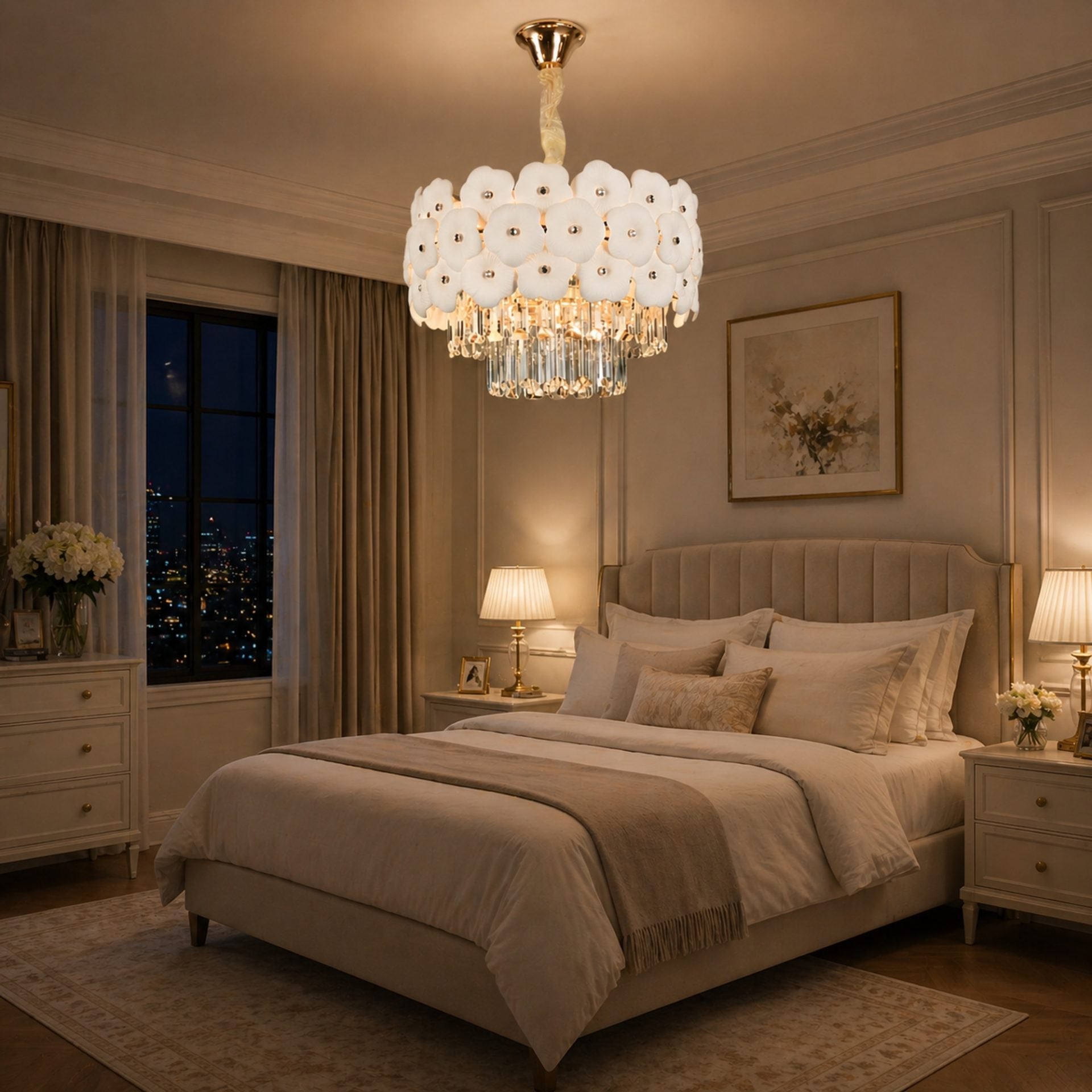 Candelabru Cristal PETAL Nobile 6xE14, D40 cm, Auriu, Inaltime Reglabila, Metal si Cristal