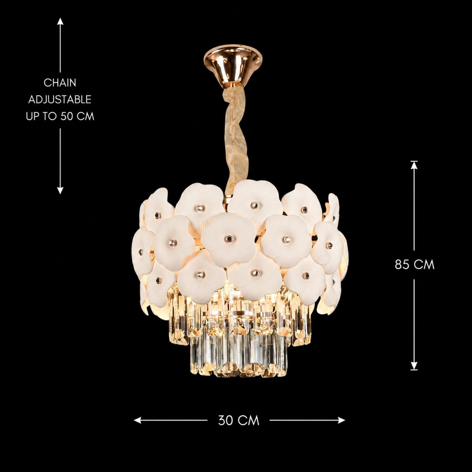 Candelabru Cristal PETAL Petito 3xE14, D30 cm, Auriu, Inaltime Reglabila, Metal si Cristal