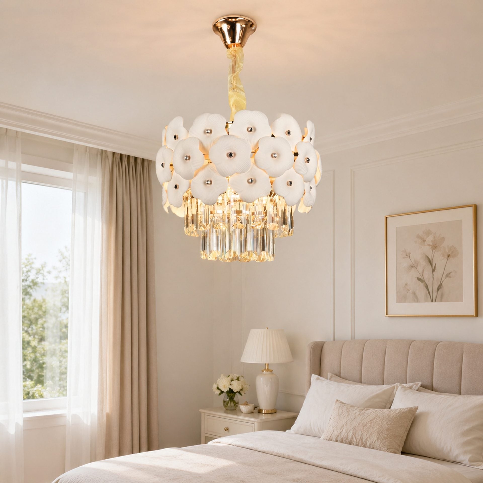 Candelabru Cristal PETAL Petito 3xE14, D30 cm, Auriu, Inaltime Reglabila, Metal si Cristal