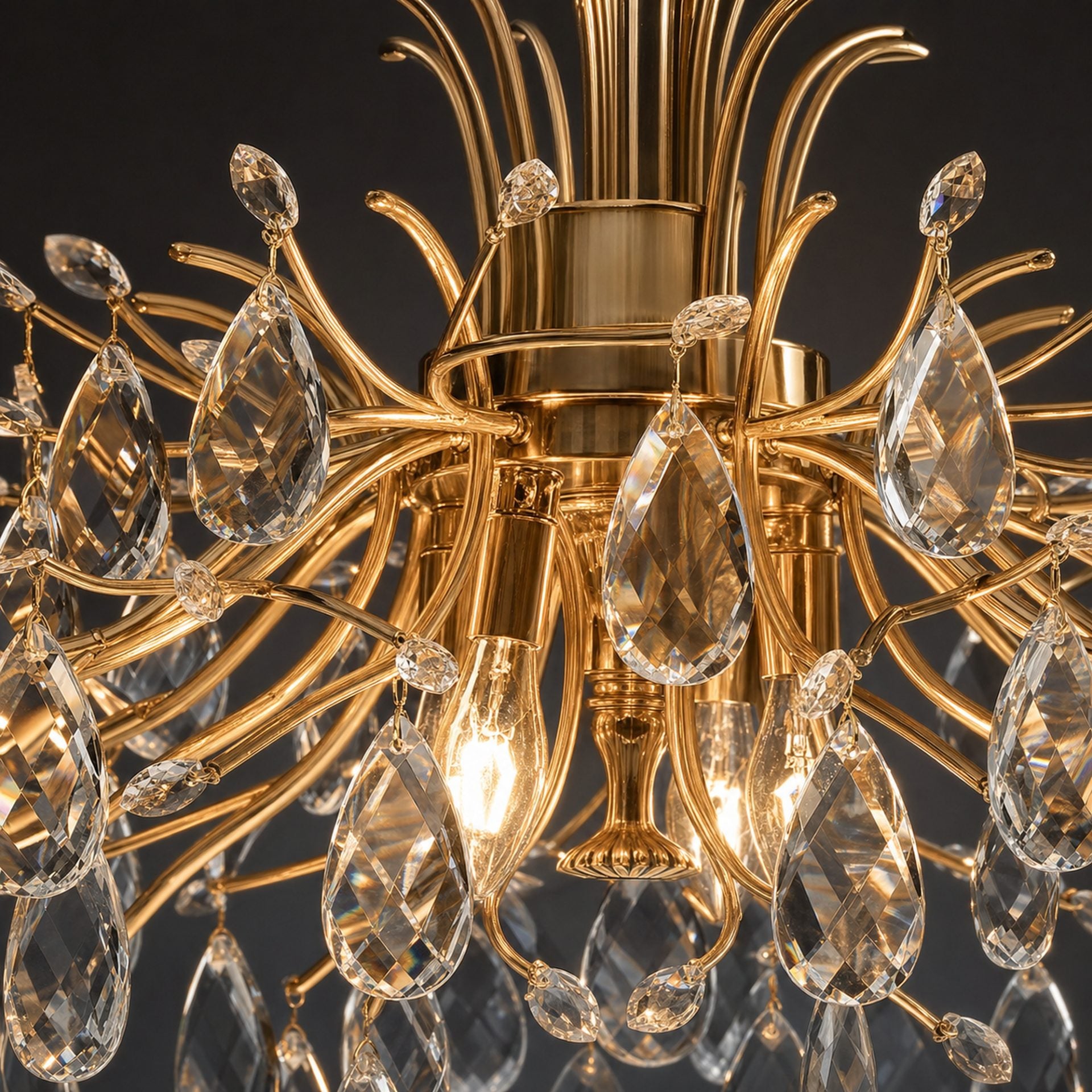 Candelabru Cristal PROWES Magno, 10xE14, D60 cm, Auriu, Inaltime Reglabila, Metal si Cristal