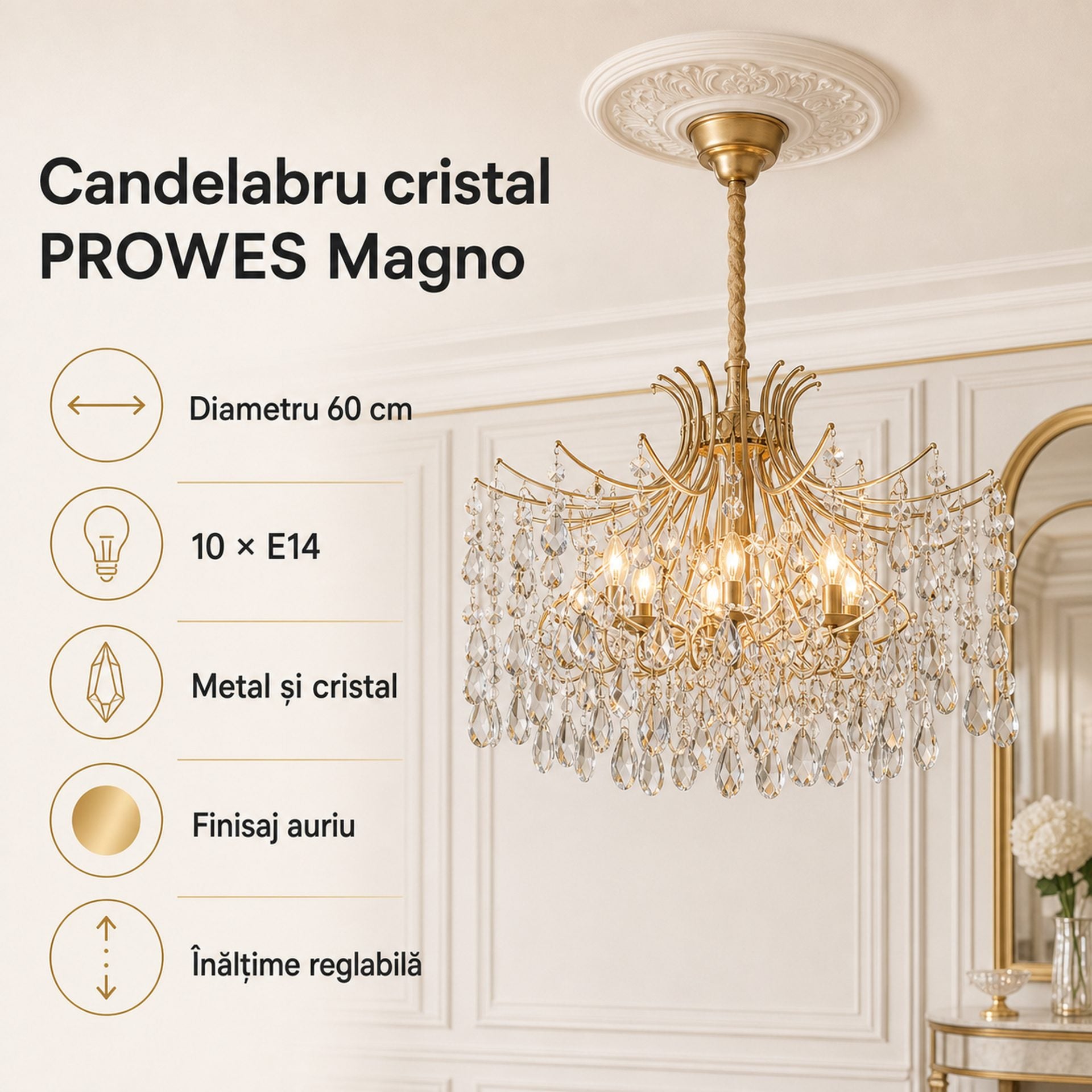 Candelabru Cristal PROWES Magno, 10xE14, D60 cm, Auriu, Inaltime Reglabila, Metal si Cristal