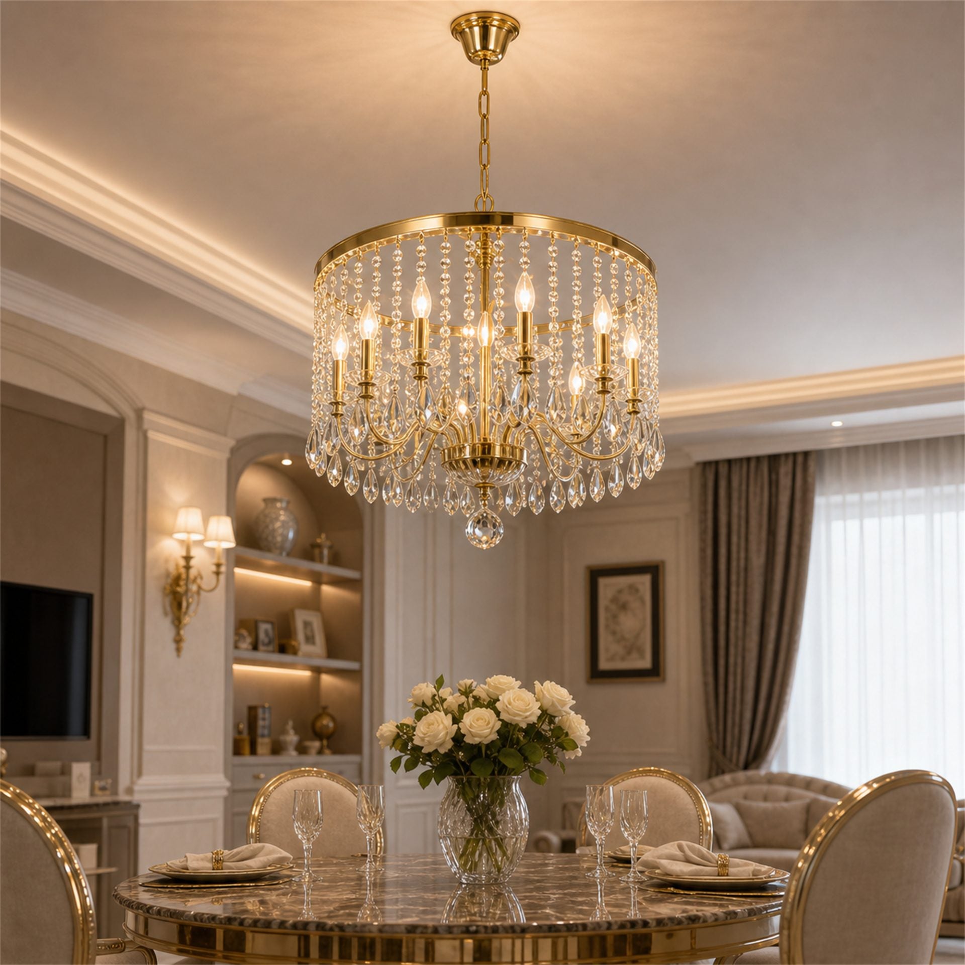 Candelabru Cristal PROWES Magno, 10xE14, D60 cm, Auriu, Inaltime Reglabila, Metal si Cristal