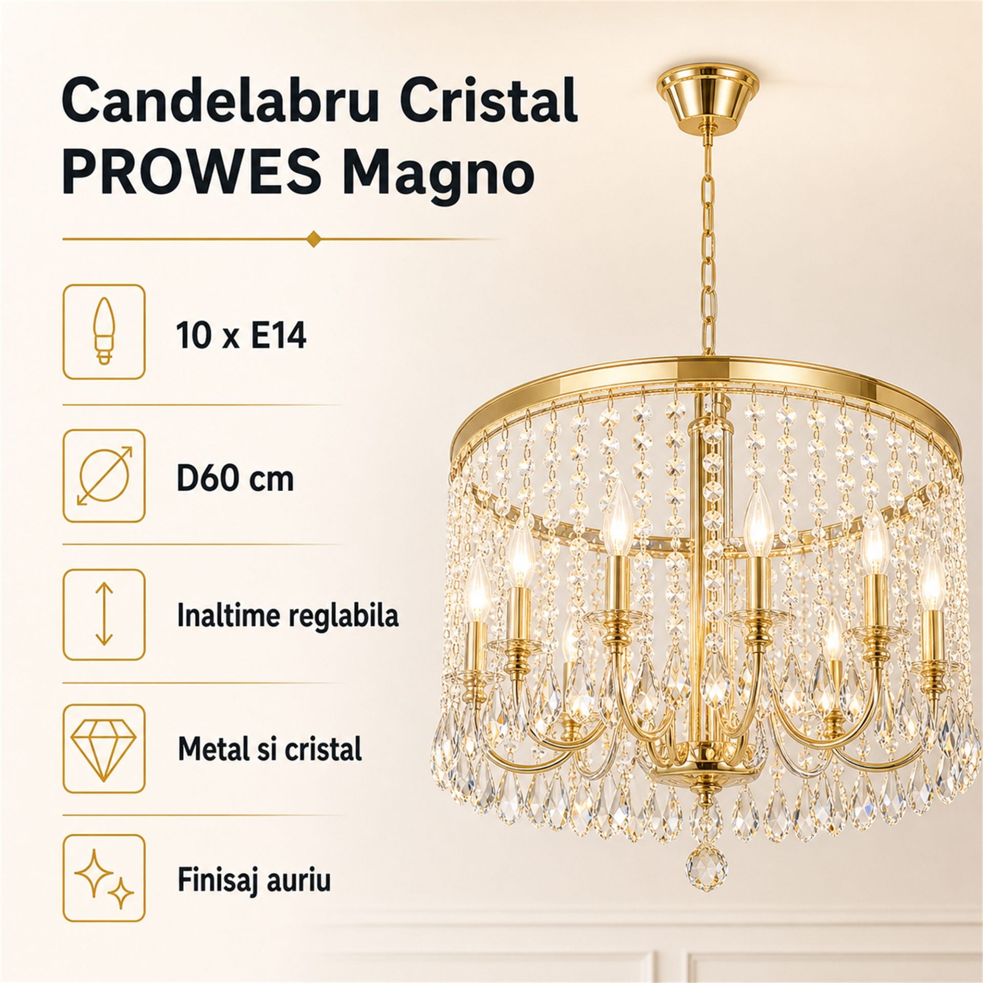 Candelabru Cristal PROWES Magno, 10xE14, D60 cm, Auriu, Inaltime Reglabila, Metal si Cristal
