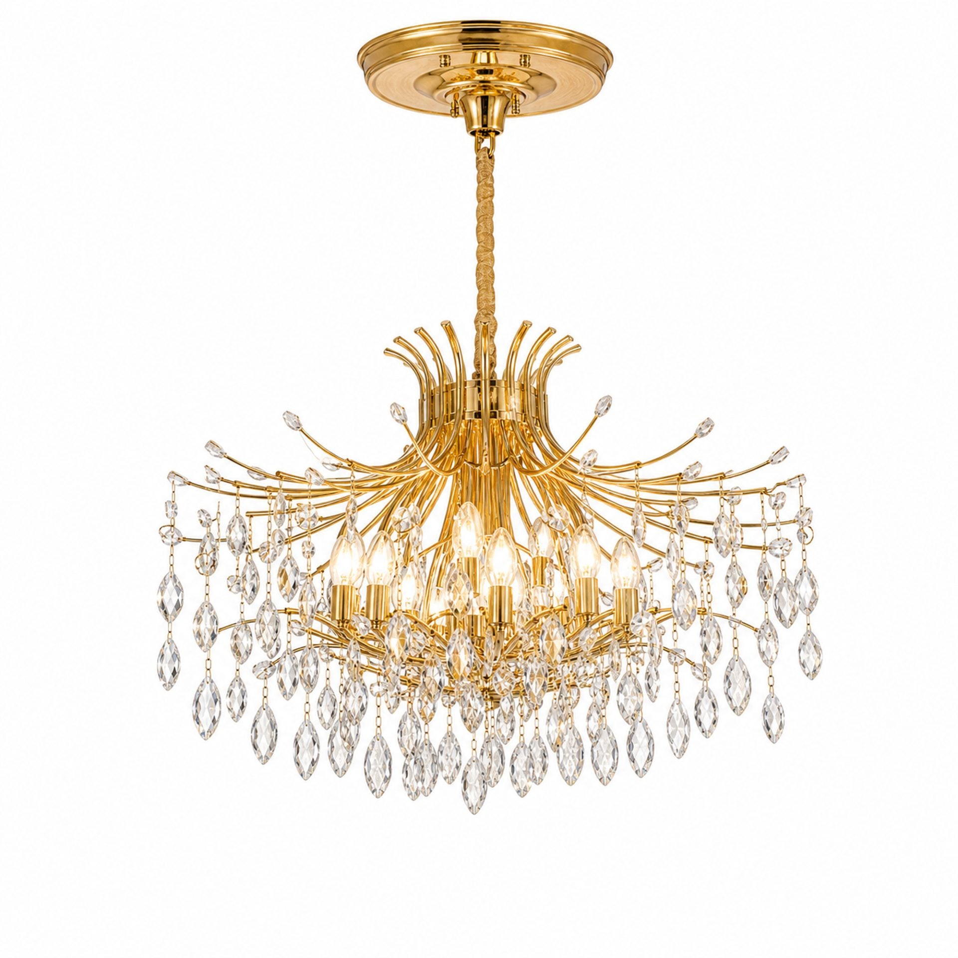 Candelabru Cristal PROWES Magno, 10xE14, D60 cm, Auriu, Inaltime Reglabila, Metal si Cristal