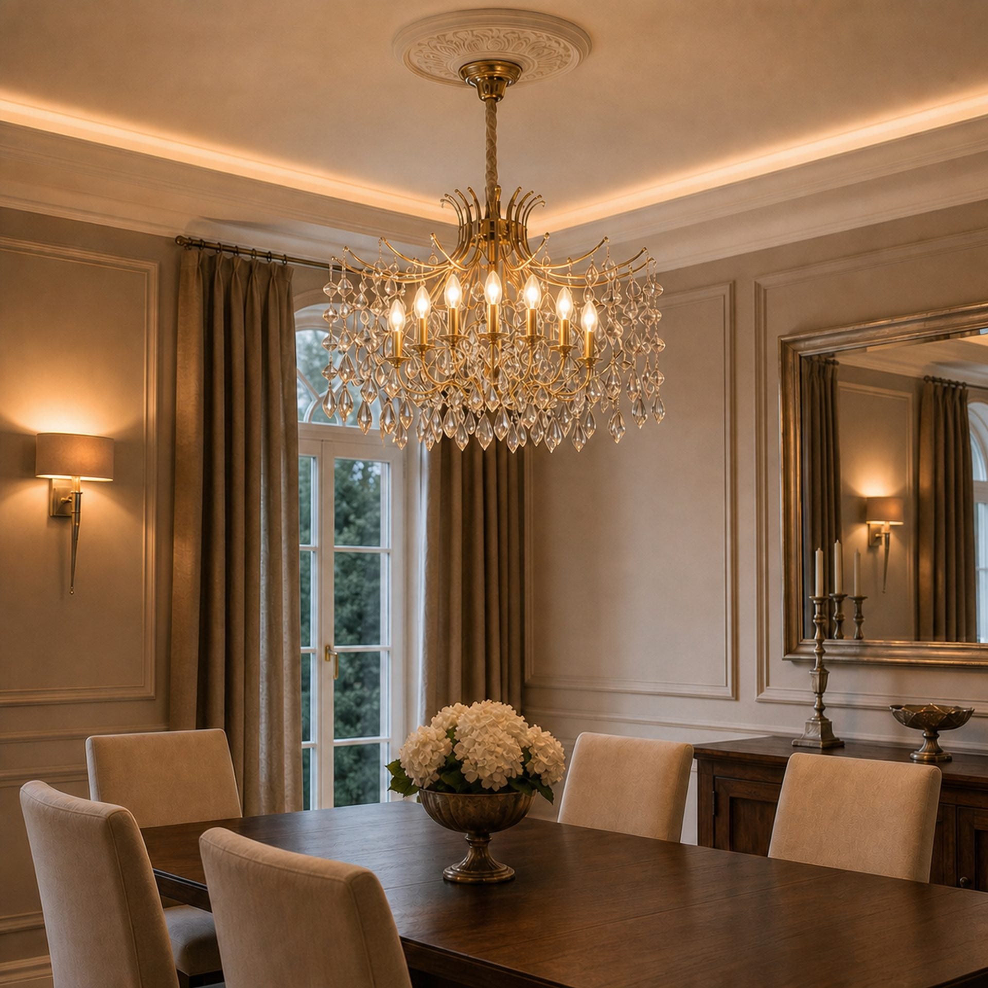 Candelabru Cristal PROWES Magno, 10xE14, D60 cm, Auriu, Inaltime Reglabila, Metal si Cristal