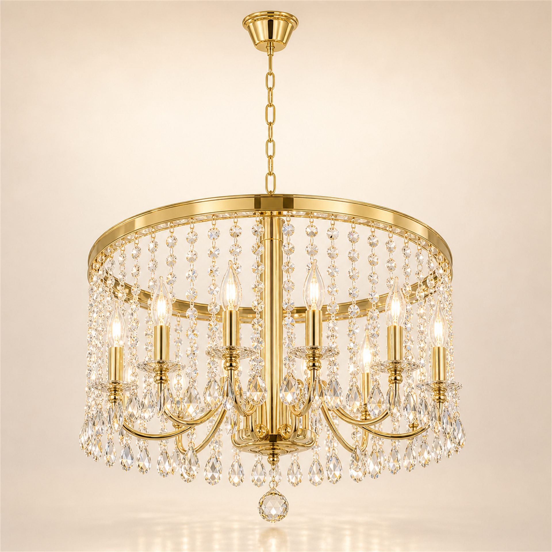 Candelabru Cristal PROWES Magno, 10xE14, D60 cm, Auriu, Inaltime Reglabila, Metal si Cristal