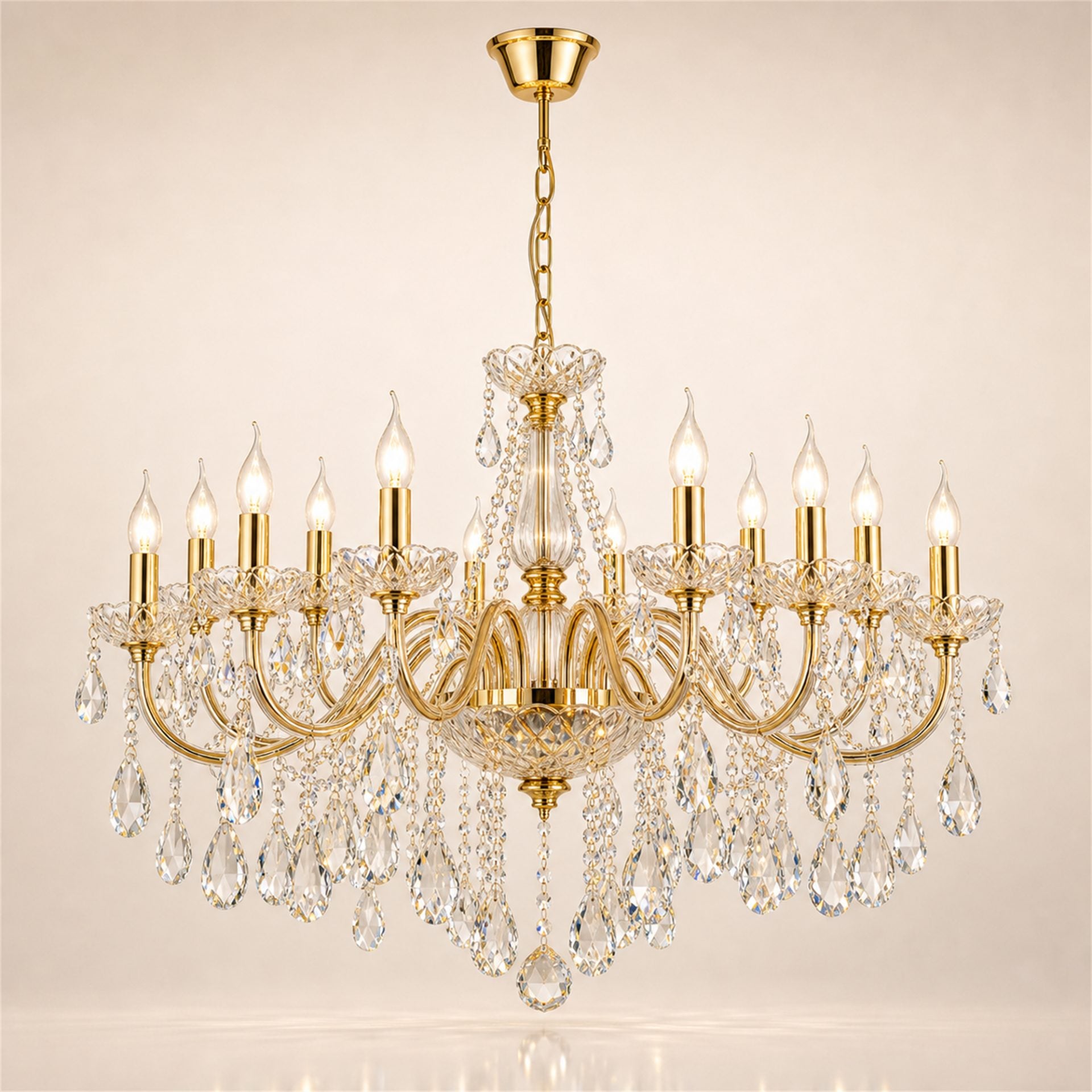 Candelabru Cristal PROWES Regalis, 14xE14, D80 cm, Auriu, Inaltime Reglabila, Metal si Cristal