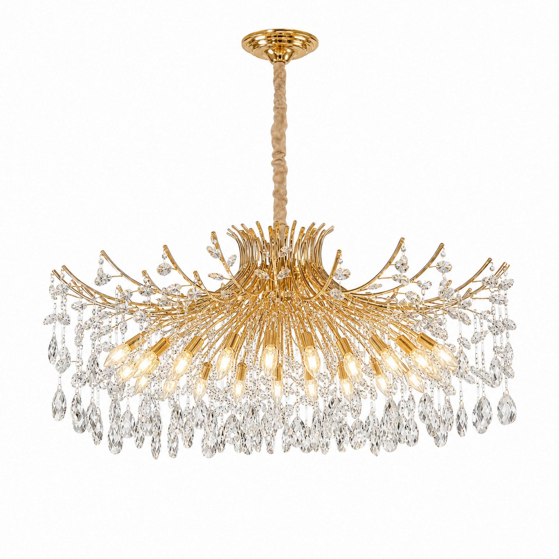 Candelabru Cristal PROWES Regalis, 14xE14, D80 cm, Auriu, Inaltime Reglabila, Metal si Cristal