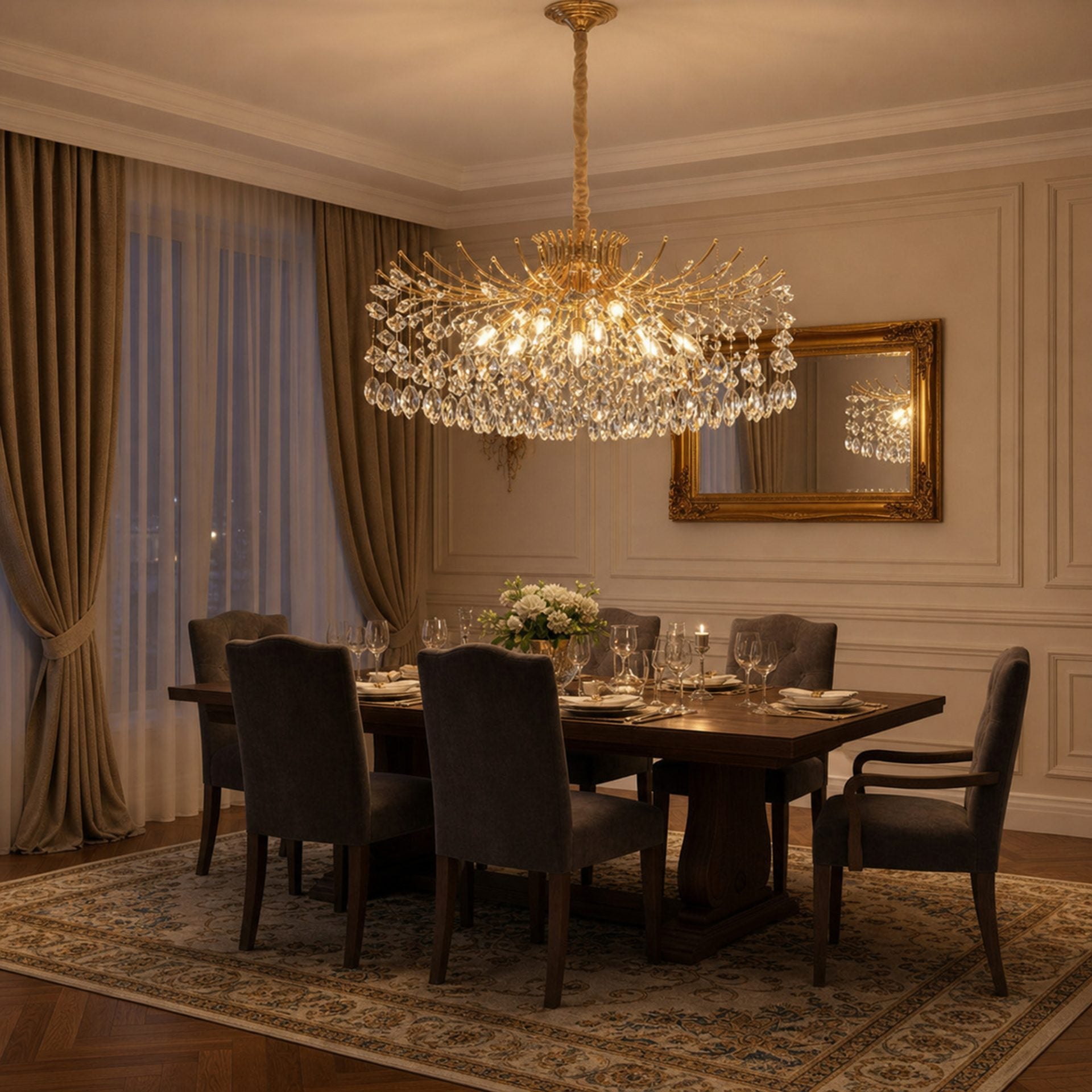 Candelabru Cristal PROWES Regalis, 14xE14, D80 cm, Auriu, Inaltime Reglabila, Metal si Cristal
