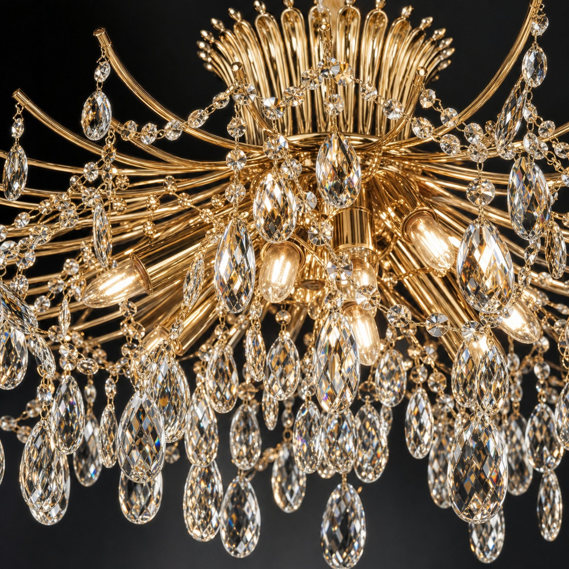 Candelabru Cristal PROWES Regalis, 14xE14, D80 cm, Auriu, Inaltime Reglabila, Metal si Cristal