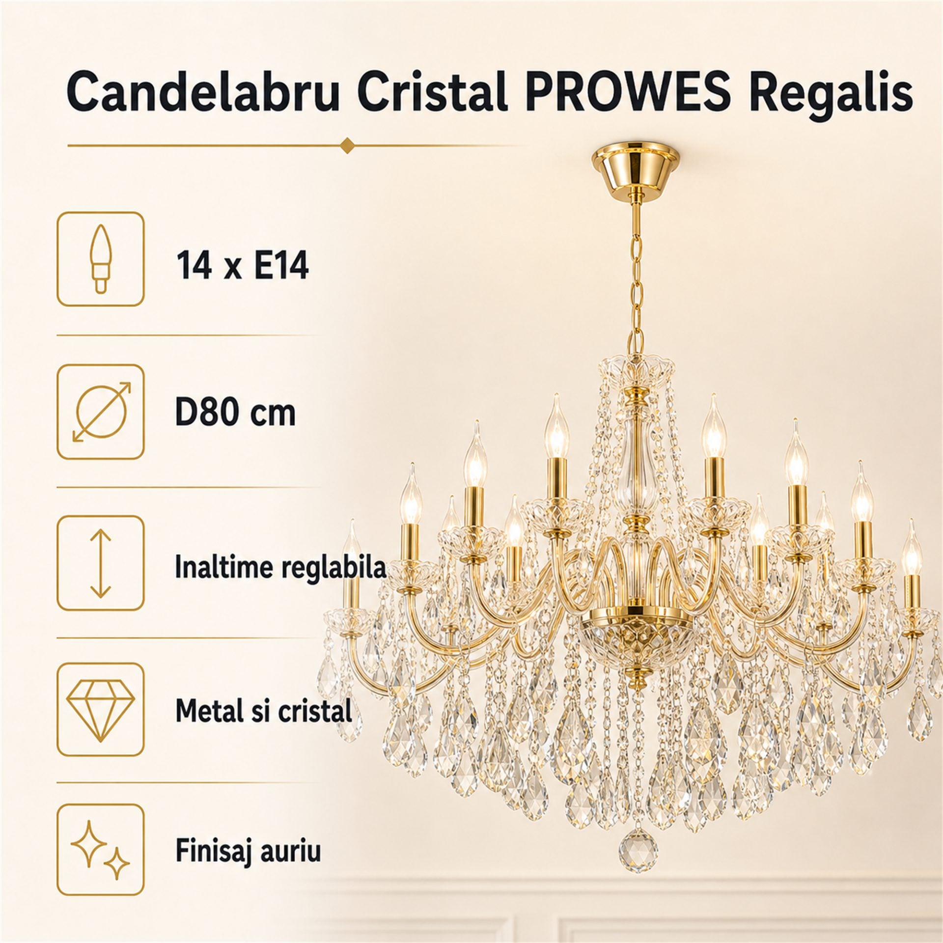 Candelabru Cristal PROWES Regalis, 14xE14, D80 cm, Auriu, Inaltime Reglabila, Metal si Cristal