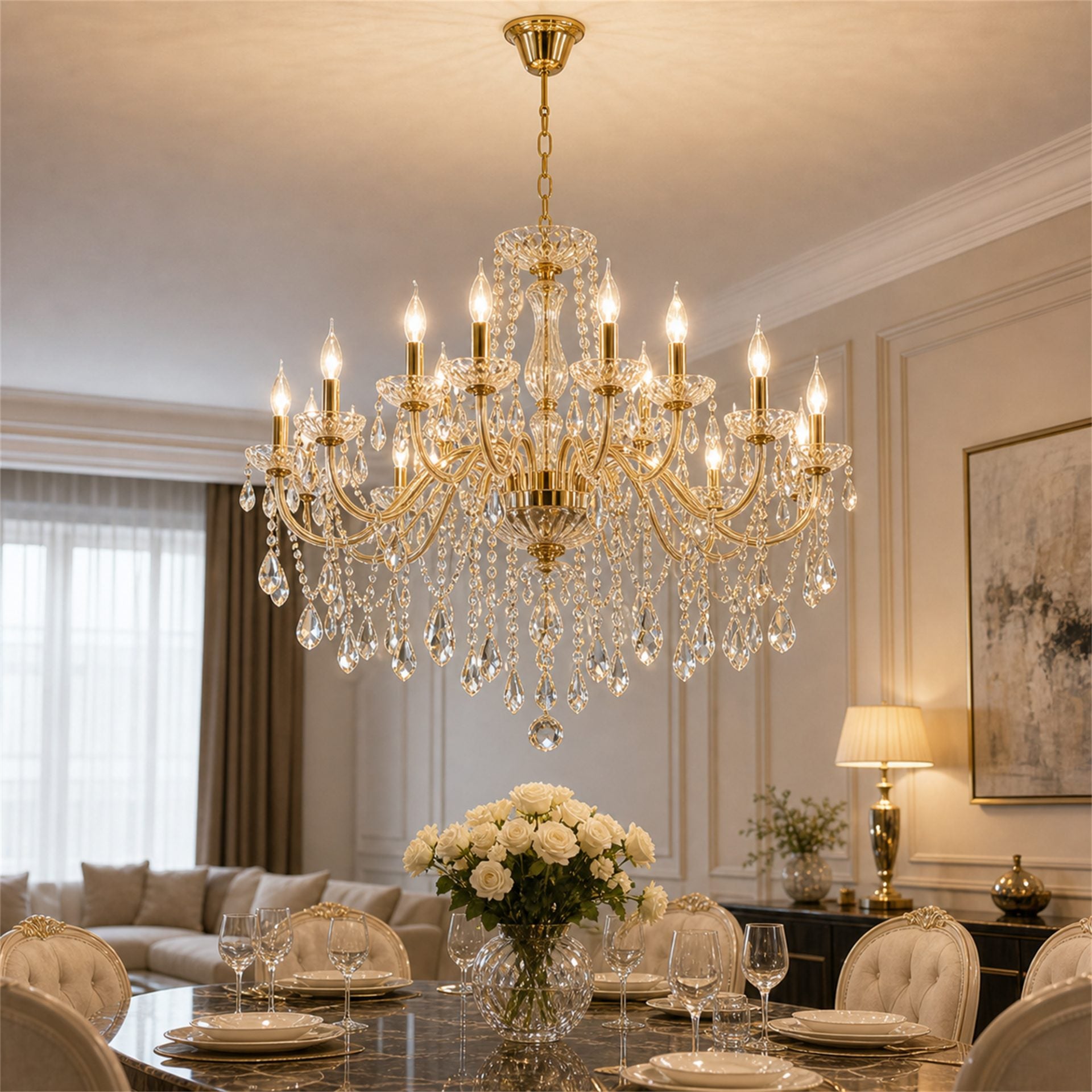 Candelabru Cristal PROWES Regalis, 14xE14, D80 cm, Auriu, Inaltime Reglabila, Metal si Cristal