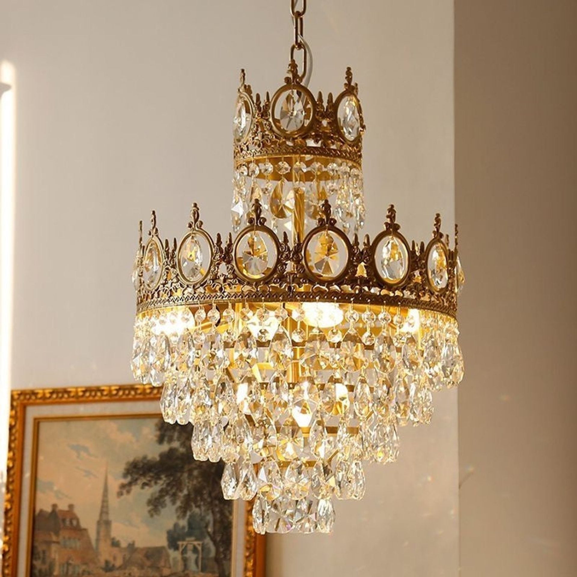 Candelabru Cristal REGALITE Petito, 3XE14, Diametru 26cm, Auriu Lucios, Inaltime Reglabila