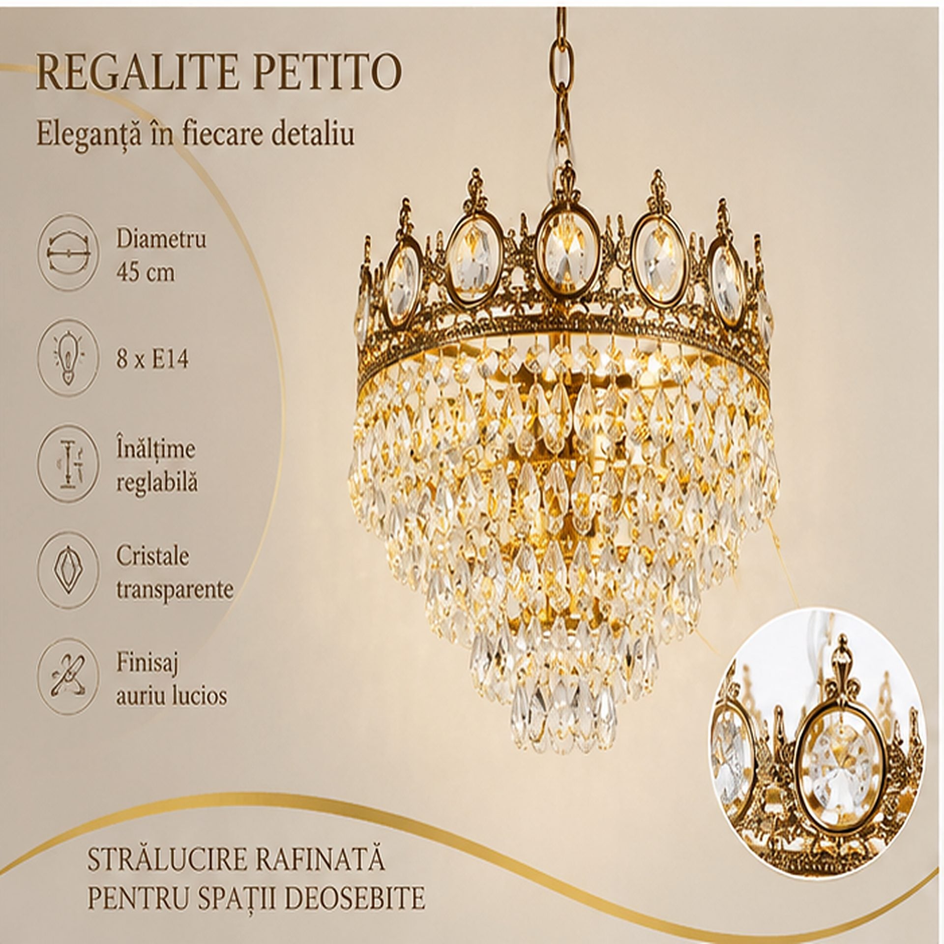 Candelabru Cristal REGALITE Petito, 8XE14, Diametru 45cm, Auriu Lucios, Inaltime Reglabila