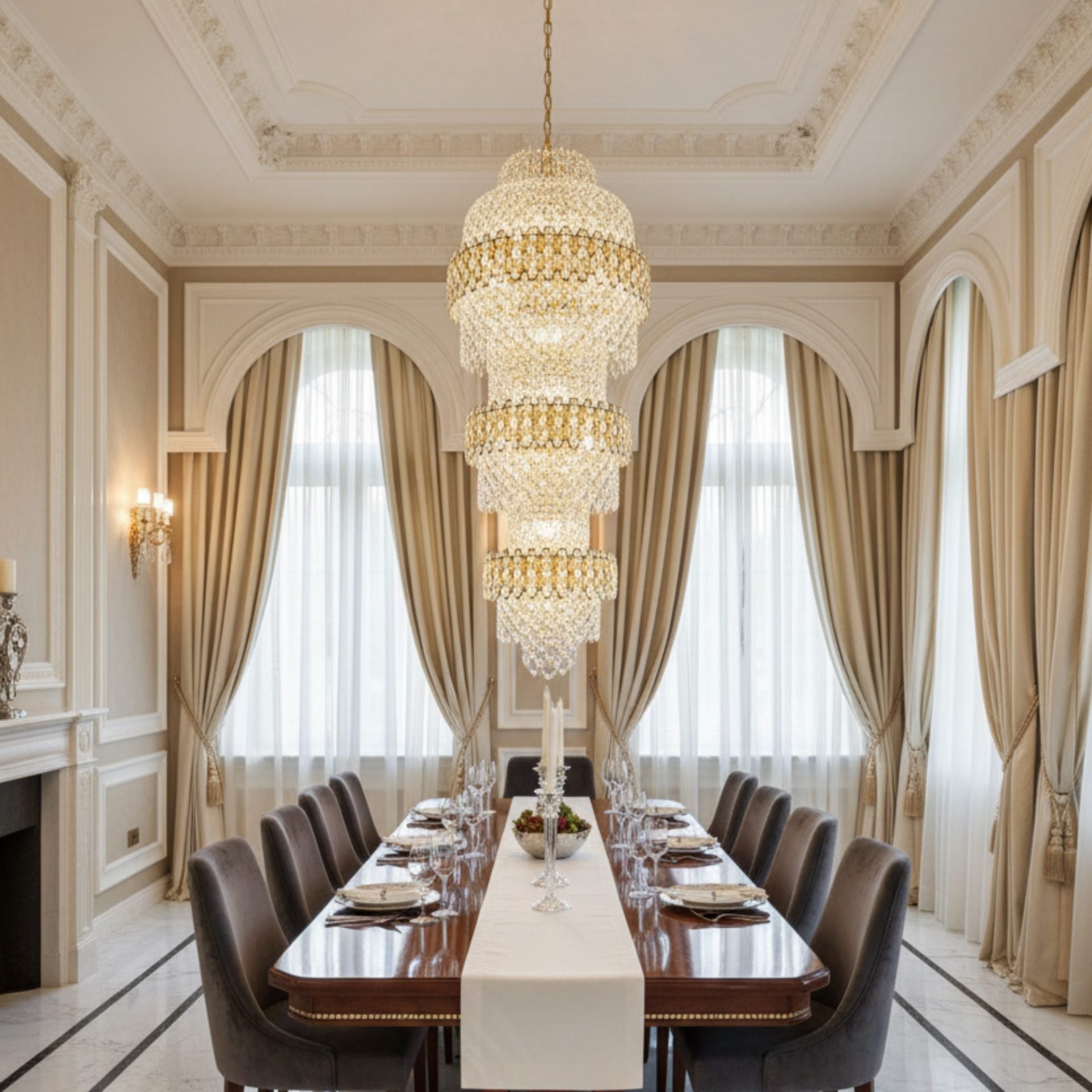 Candelabru Cristal TRIO Regalis 63xE14, Diametru 80cm, Inaltime 260cm, Auriu Lucios, Inaltime Reglabila, Design Elegant