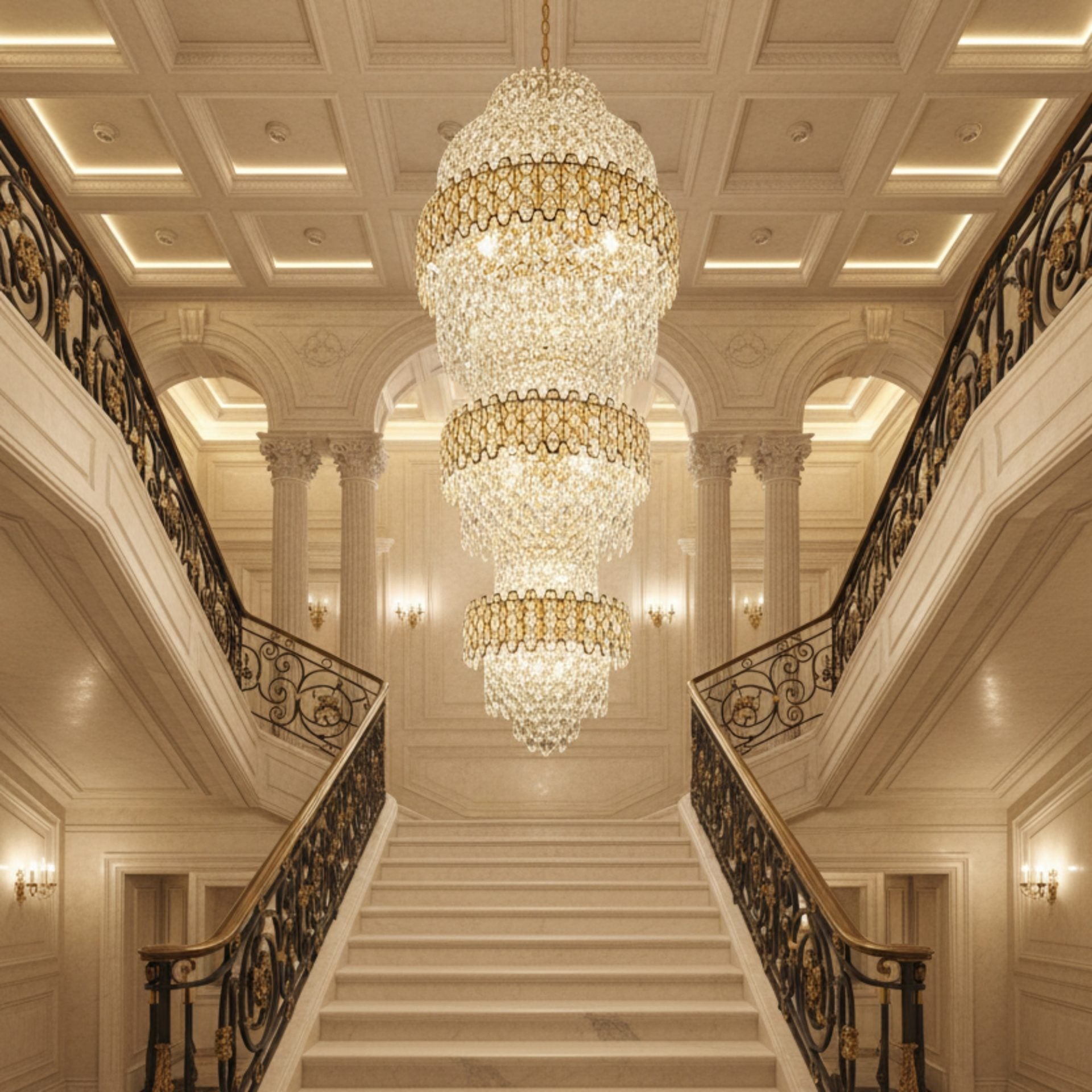 Candelabru Cristal TRIO Regalis 63xE14, Diametru 80cm, Inaltime 260cm, Auriu Lucios, Inaltime Reglabila, Design Elegant