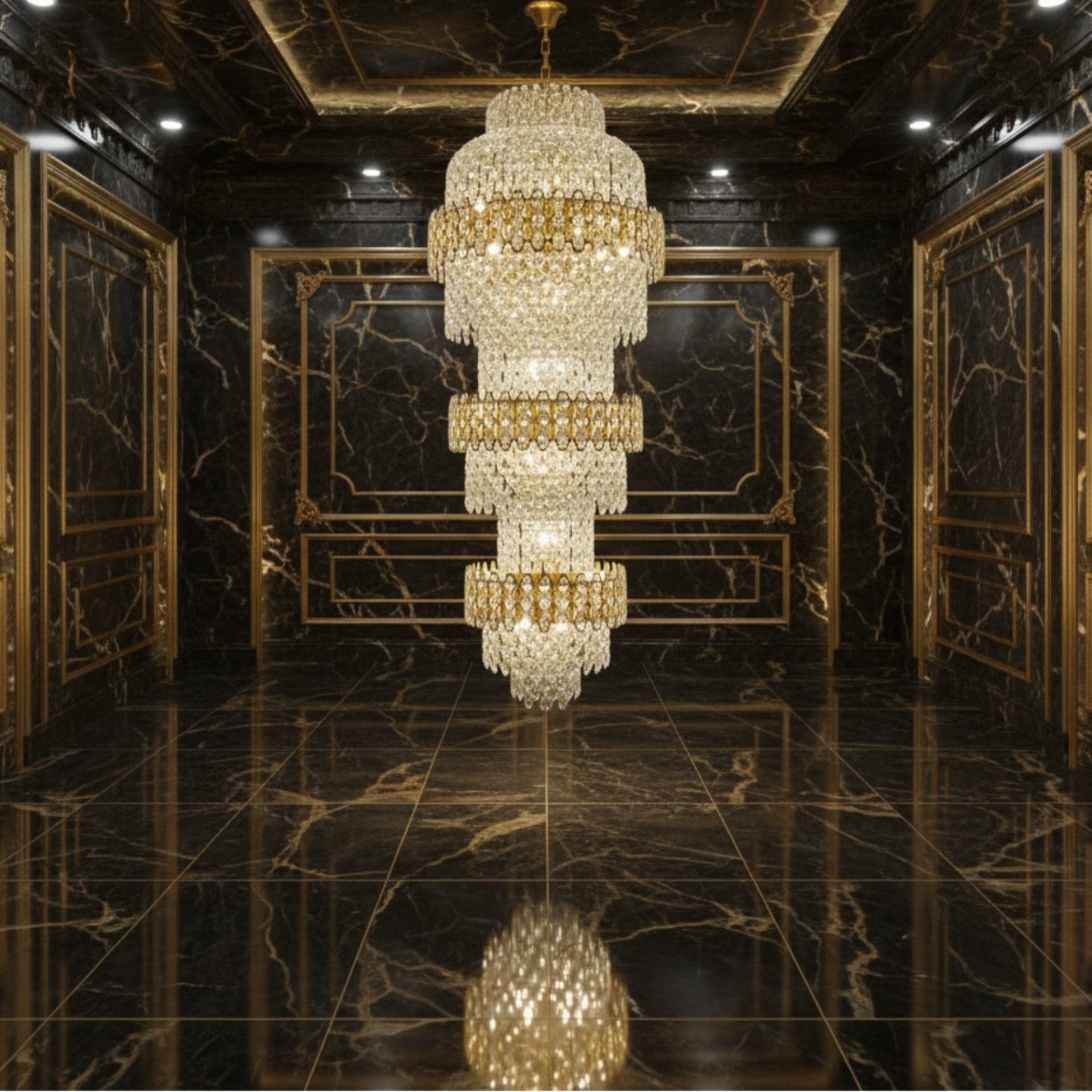 Candelabru Cristal TRIO Regalis 63xE14, Diametru 80cm, Inaltime 260cm, Auriu Lucios, Inaltime Reglabila, Design Elegant