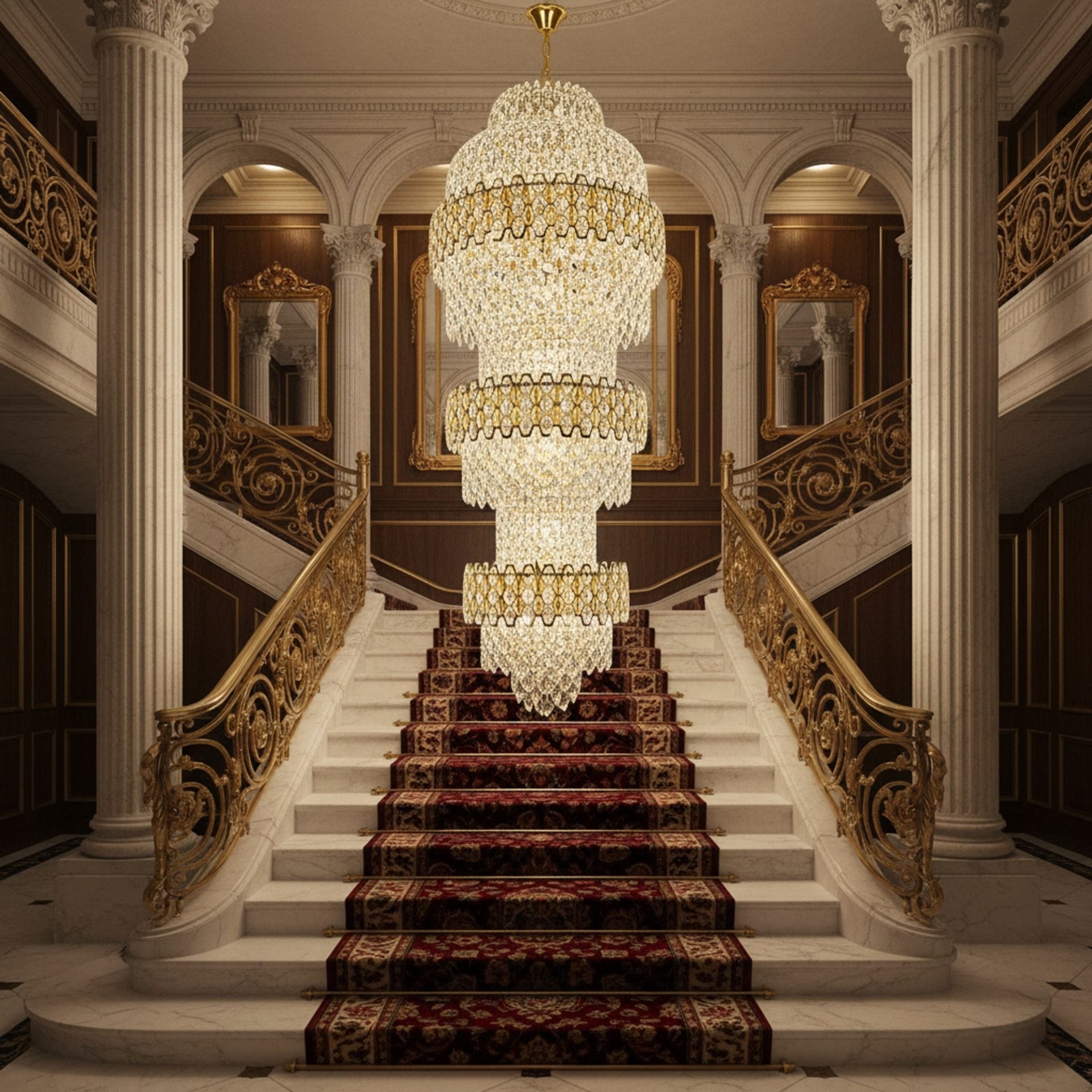 Candelabru Cristal TRIO Regalis 63xE14, Diametru 80cm, Inaltime 260cm, Auriu Lucios, Inaltime Reglabila, Design Elegant