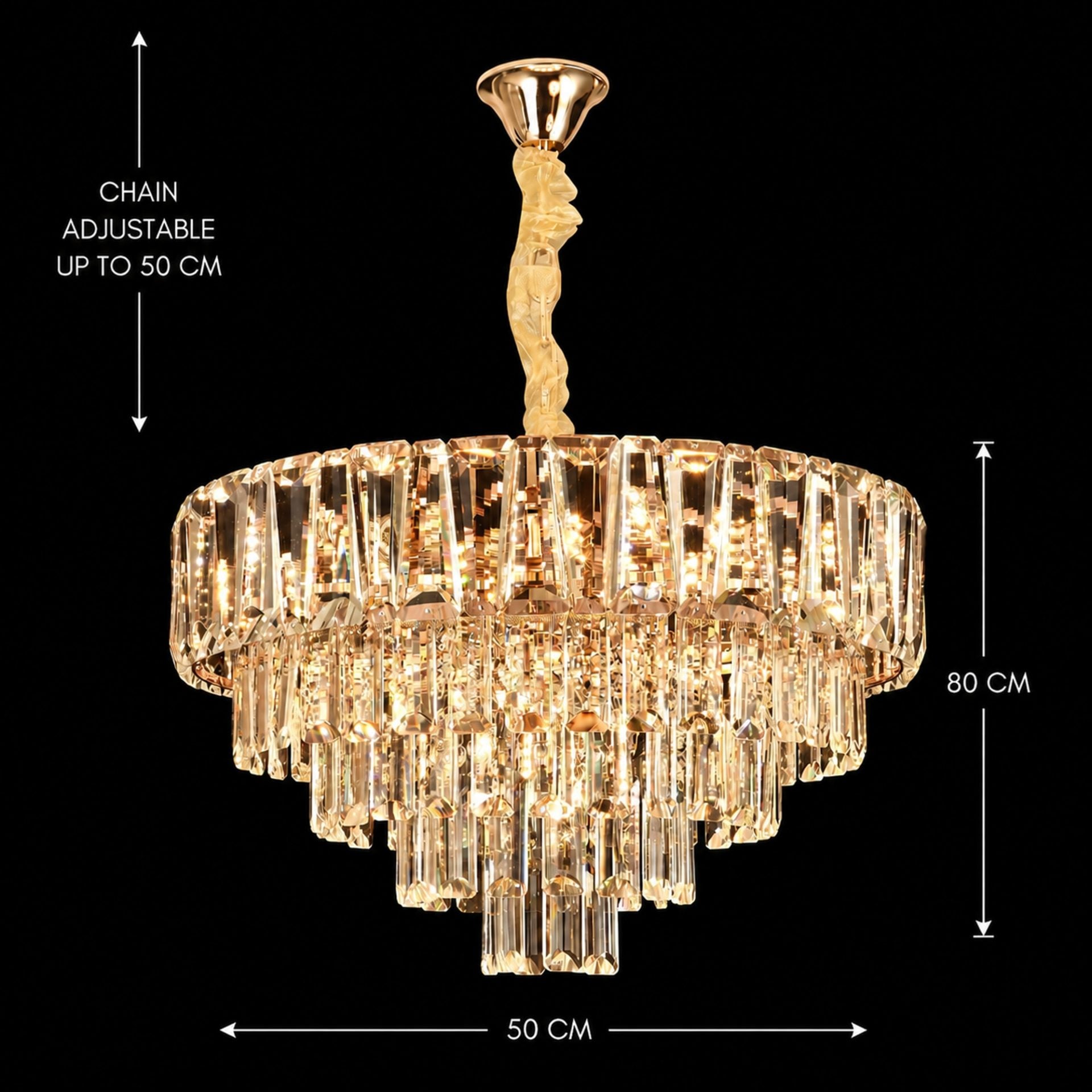 Candelabru Cristal VALMONT Eleganza 8xE14, D50 cm, Auriu, Inaltime Reglabila, Metal si Cristal