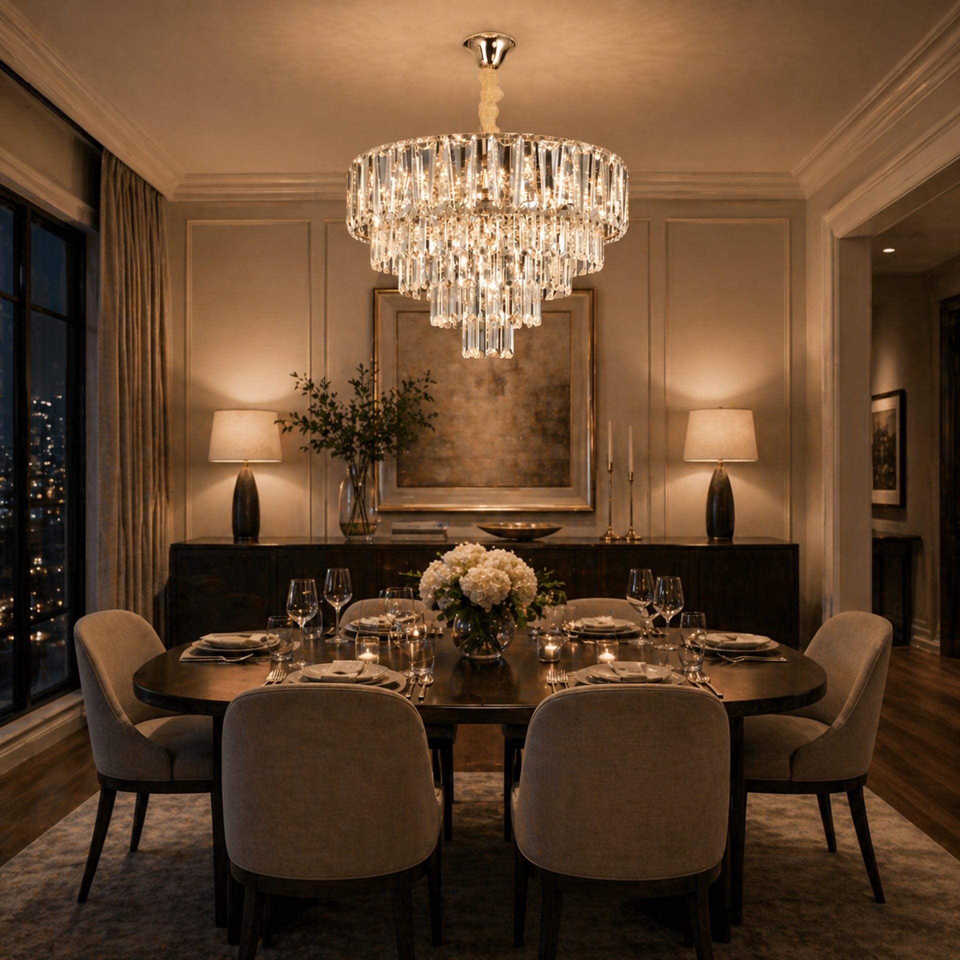 Candelabru Cristal VALMONT Eleganza 8xE14, D50 cm, Auriu, Inaltime Reglabila, Metal si Cristal