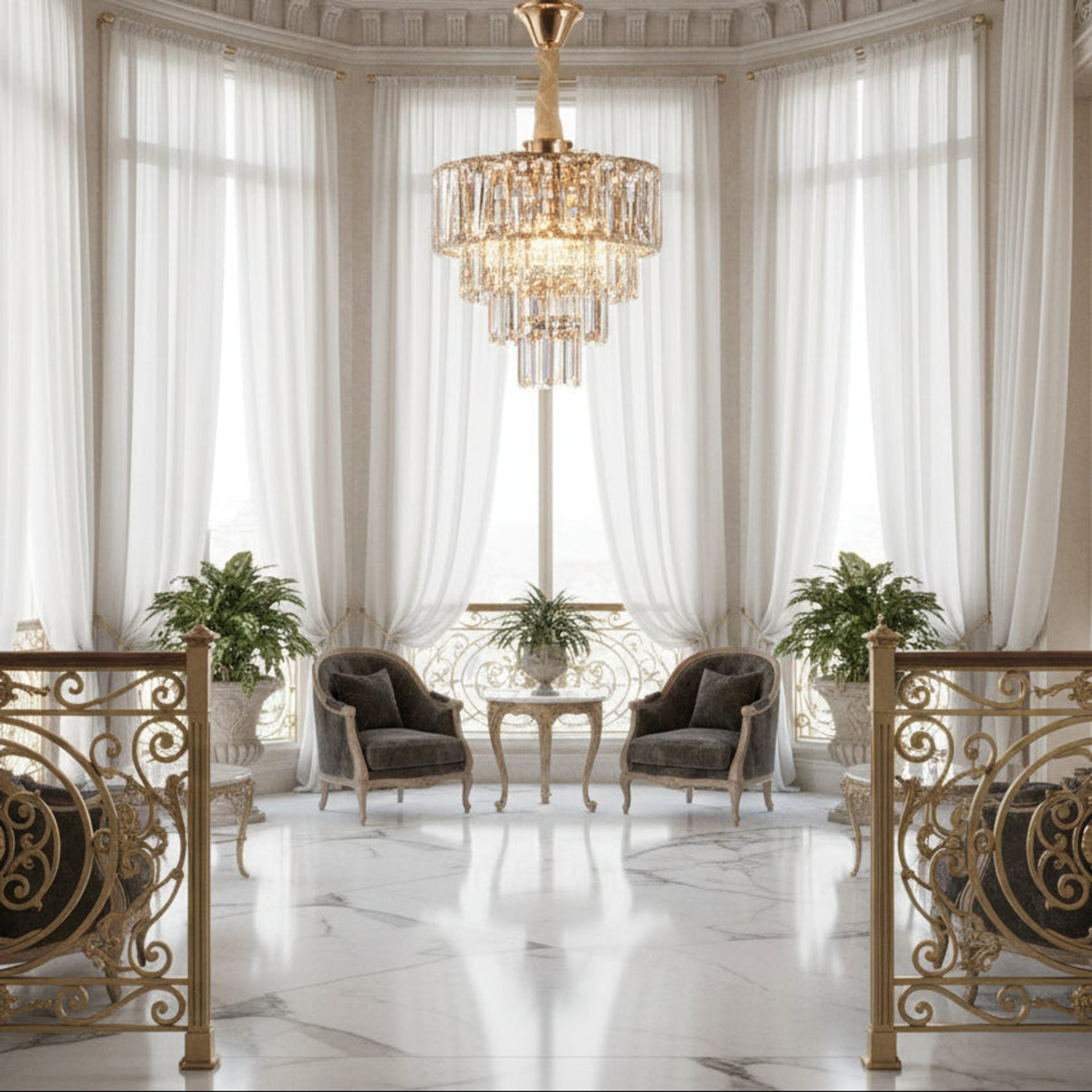 Candelabru Cristal VALMONT Petito 3xE14, D30 cm, Auriu, Inaltime Reglabila, Metal si Cristal