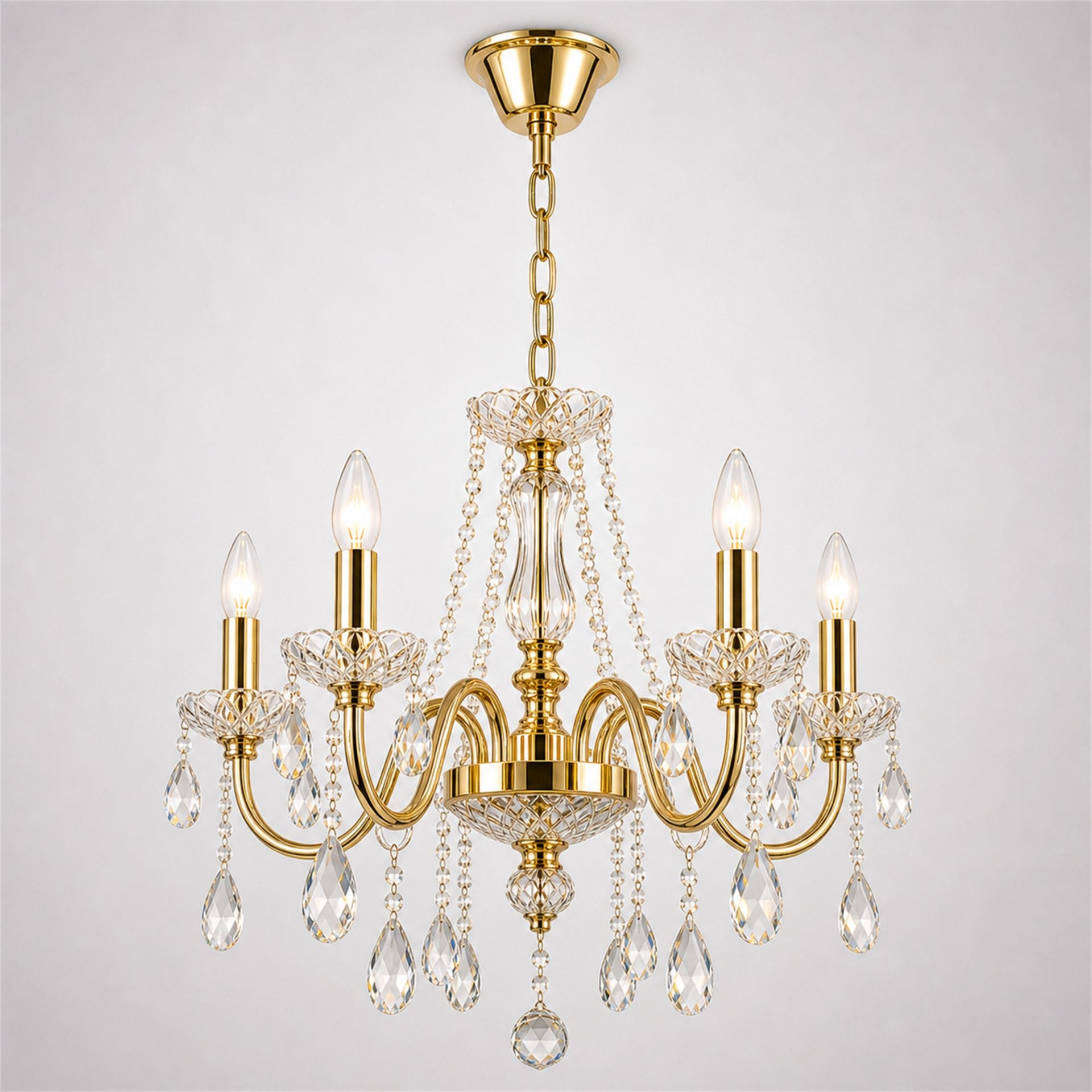 Candelabru Cristal VECTORIA Nobile 5xE14, Diametru 39cm, Auriu, Inaltime Reglabila, Metal si Cristal