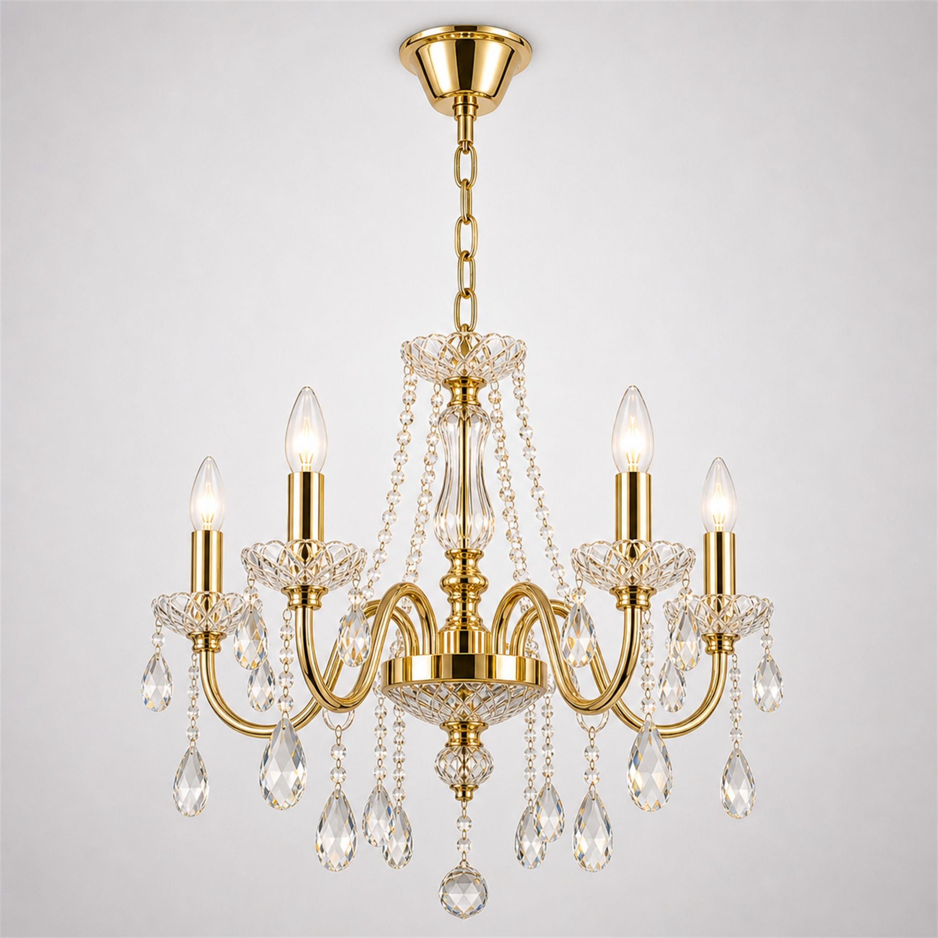 Candelabru Cristal VECTORIA Nobile 5xE14, Diametru 39cm, Auriu, Inaltime Reglabila, Metal si Cristal