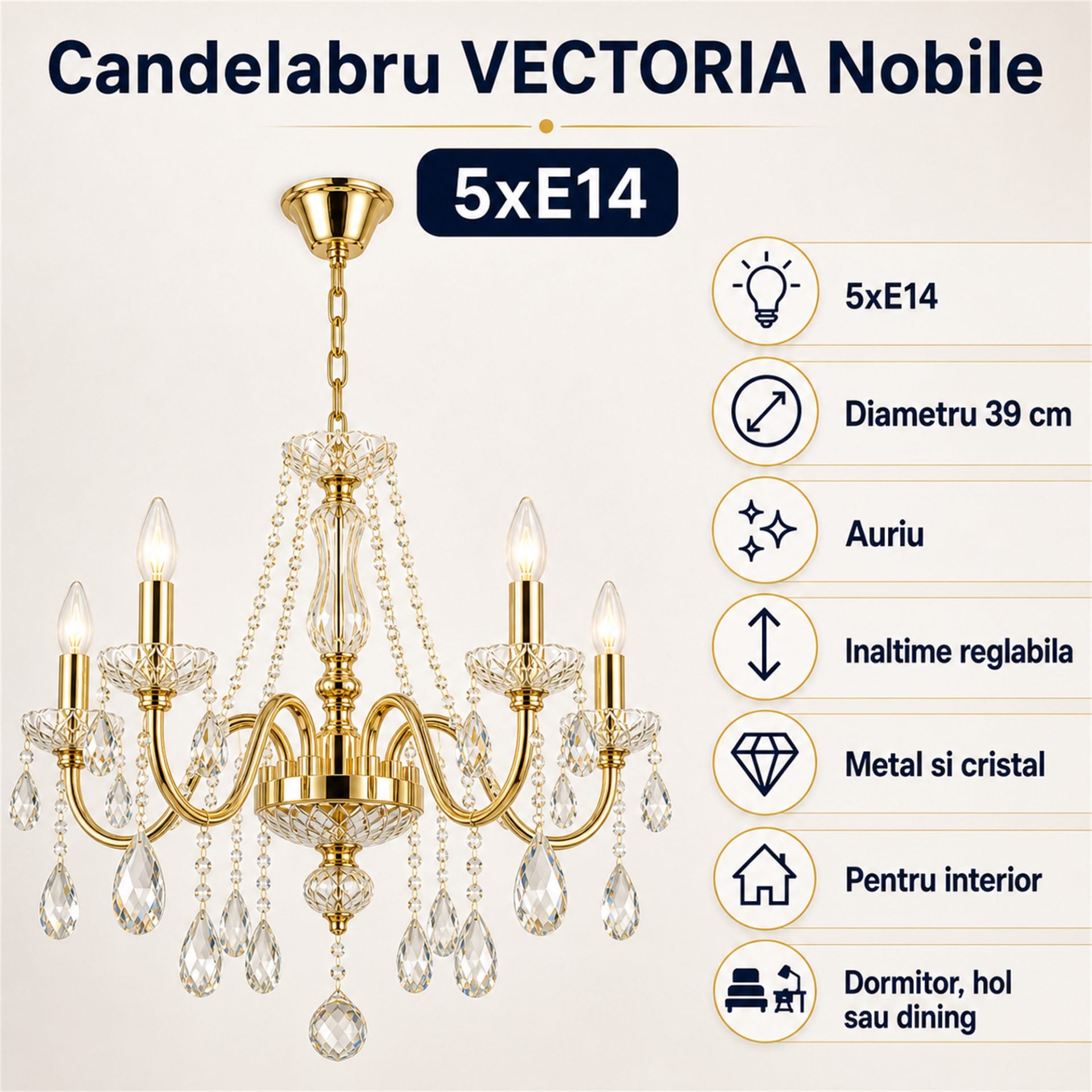 Candelabru Cristal VECTORIA Nobile 5xE14, Diametru 39cm, Auriu, Inaltime Reglabila, Metal si Cristal