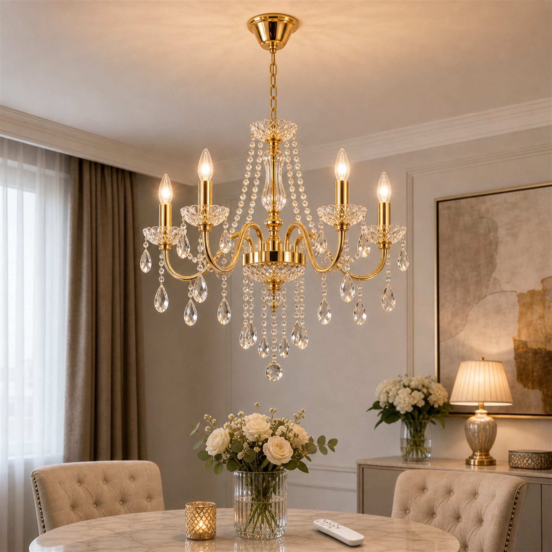 Candelabru Cristal VECTORIA Nobile 5xE14, Diametru 39cm, Auriu, Inaltime Reglabila, Metal si Cristal