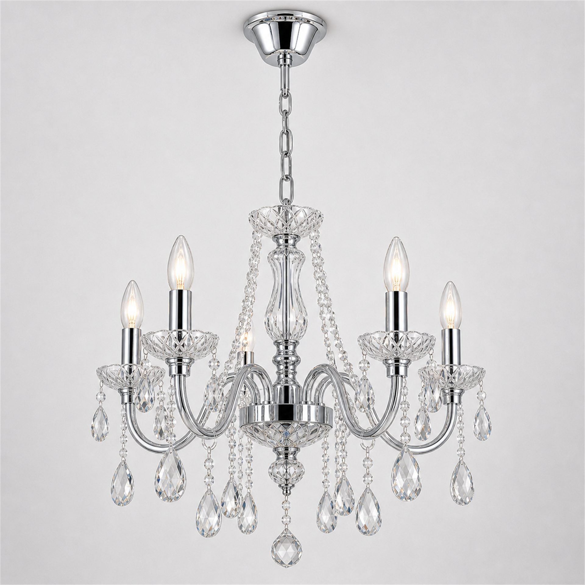 Candelabru Cristal VECTORIA Nobile 5xE14, Diametru 39cm, Crom Lucios, Inaltime Reglabila, Metal si Cristal