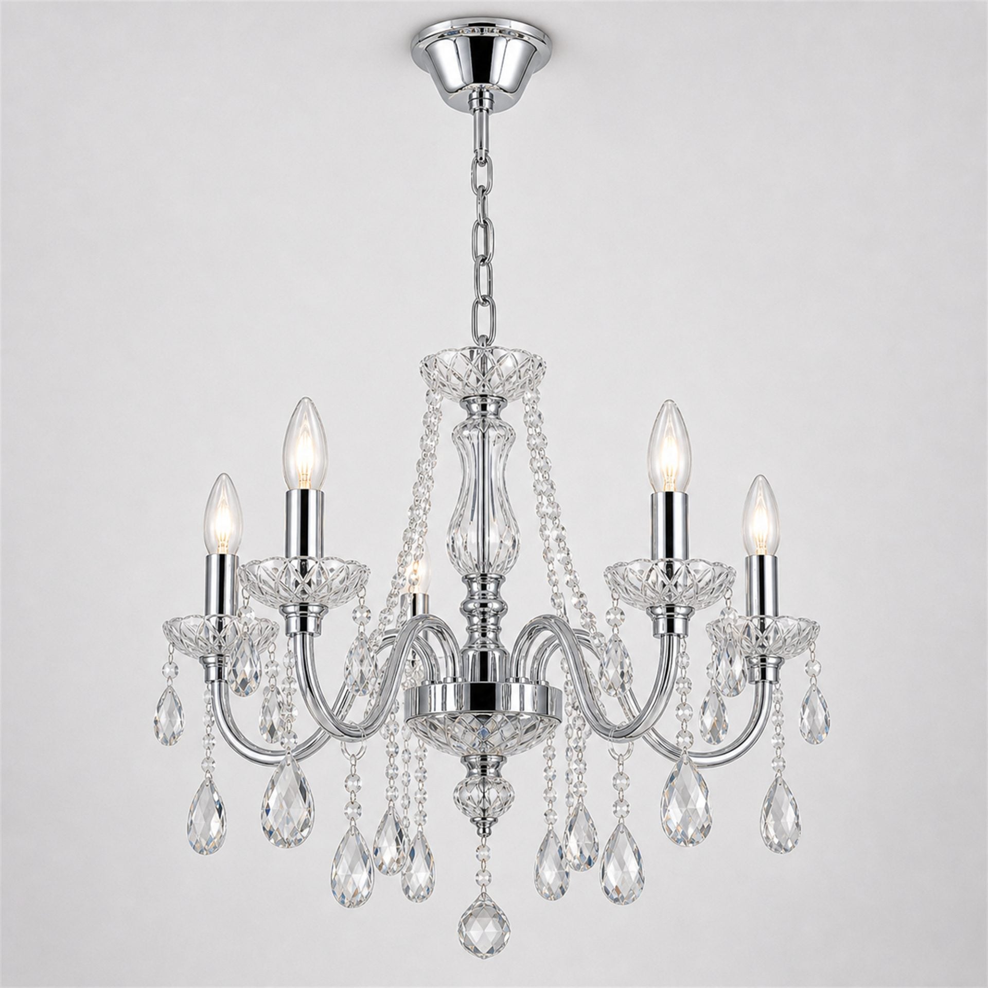Candelabru Cristal VECTORIA Nobile 5xE14, Diametru 39cm, Crom Lucios, Inaltime Reglabila, Metal si Cristal