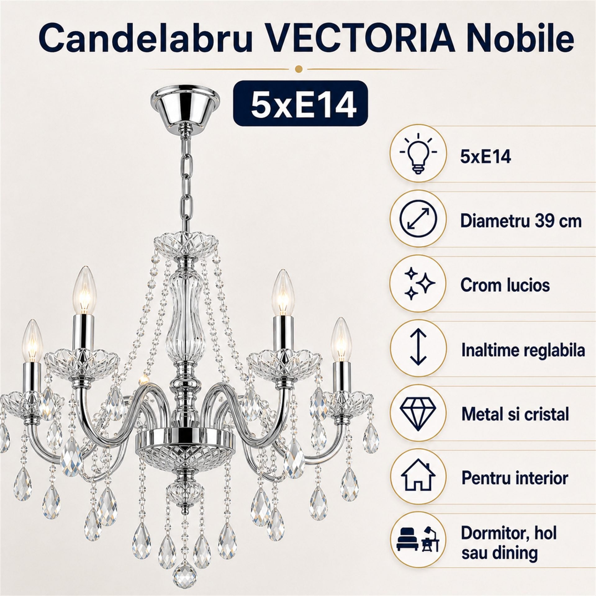 Candelabru Cristal VECTORIA Nobile 5xE14, Diametru 39cm, Crom Lucios, Inaltime Reglabila, Metal si Cristal