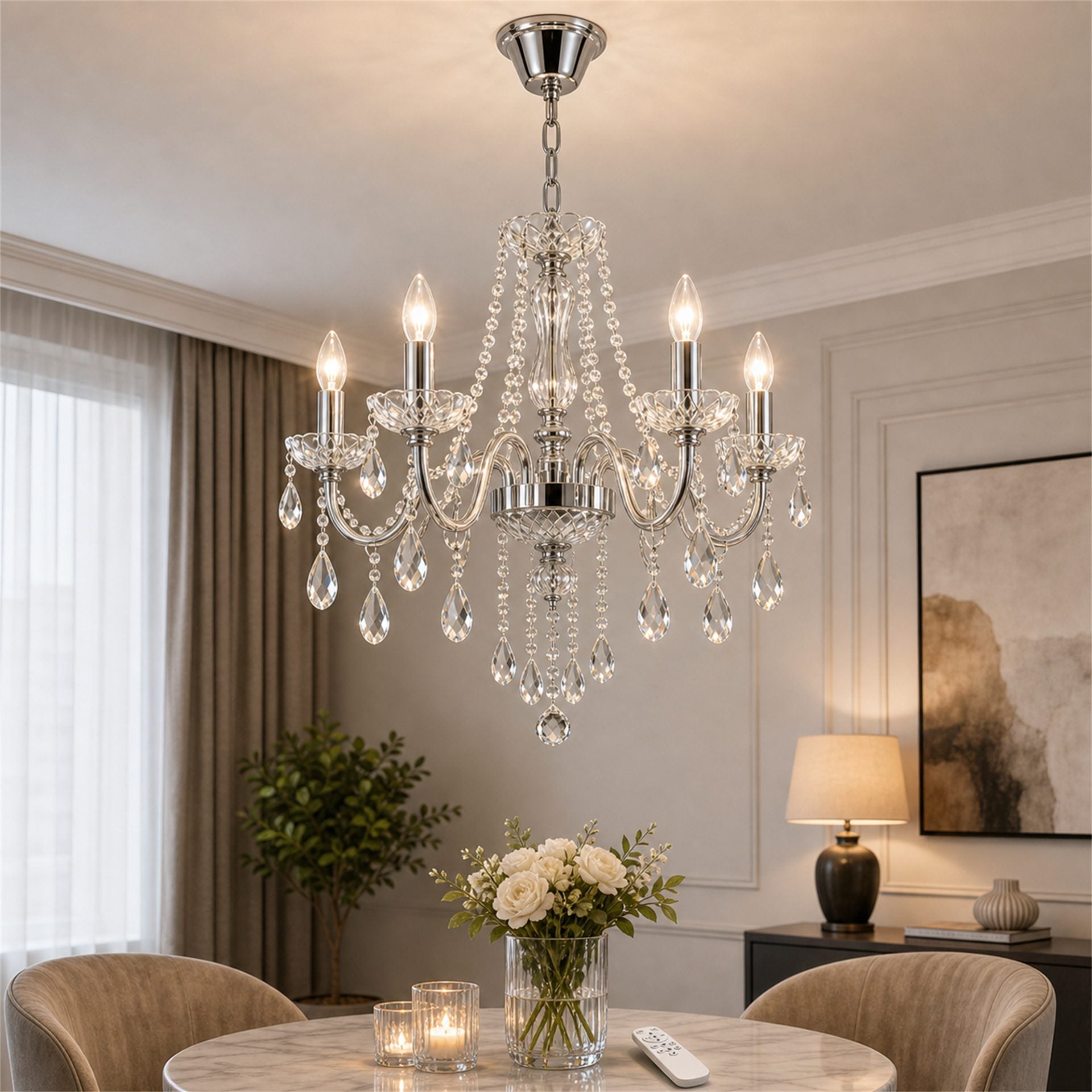 Candelabru Cristal VECTORIA Nobile 5xE14, Diametru 39cm, Crom Lucios, Inaltime Reglabila, Metal si Cristal