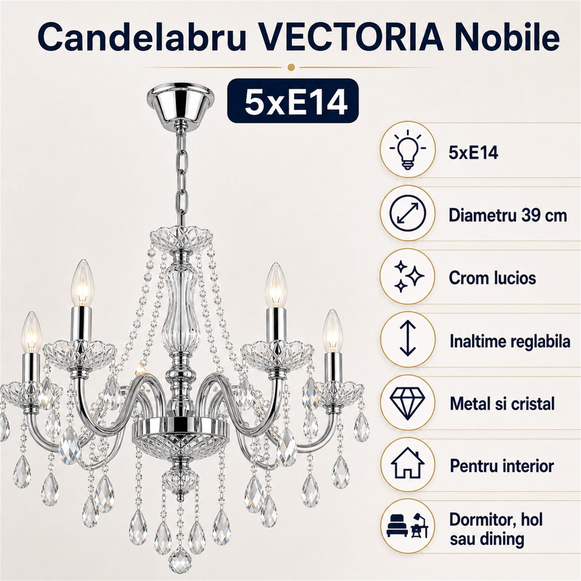 Candelabru Cristal VECTORIA Nobile 5xE14, Diametru 39cm, Crom Lucios, Inaltime Reglabila, Metal si Cristal