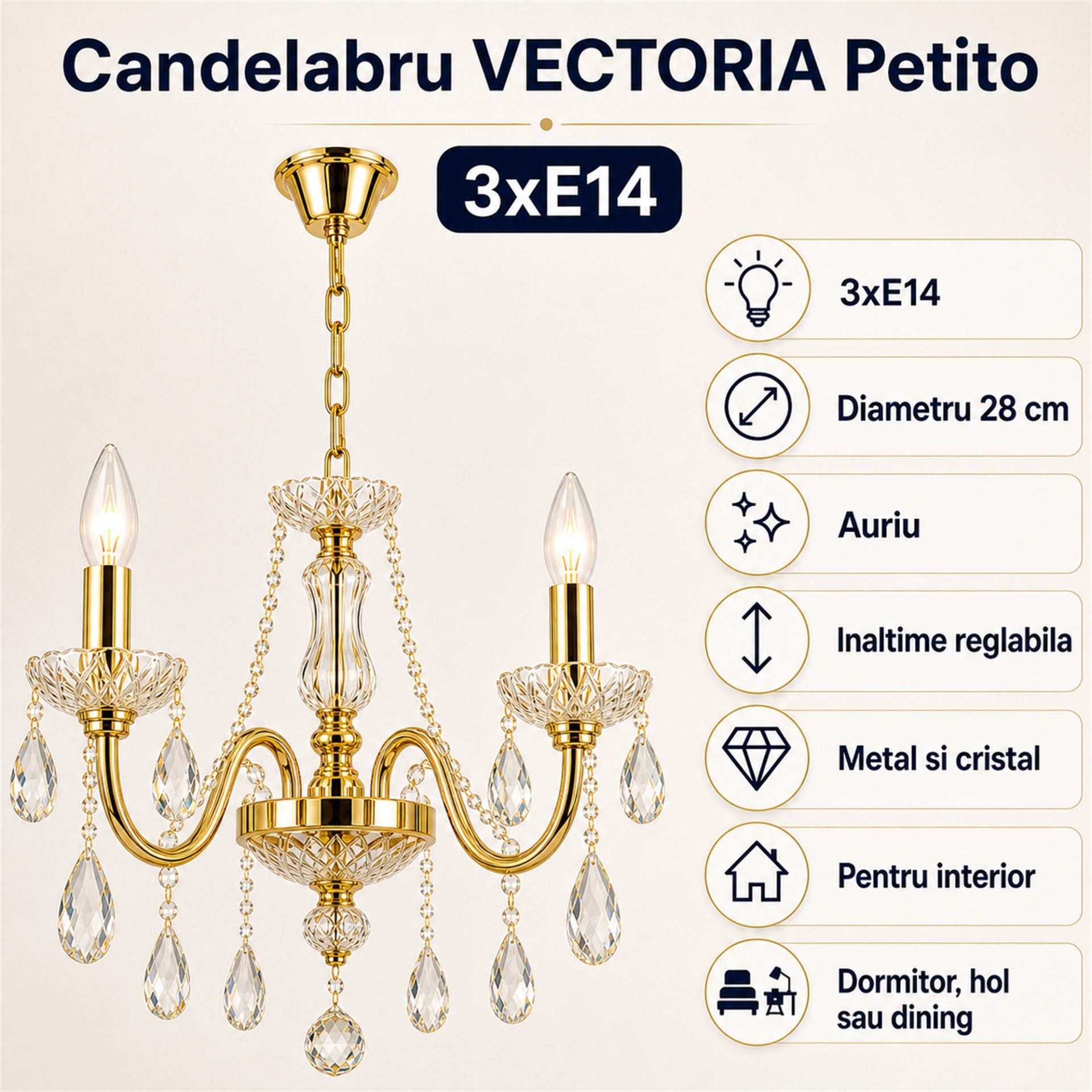 Candelabru Cristal VECTORIA Petito 3xE14, Diametru 28cm, Auriu, Inaltime Reglabila, Metal si Cristal